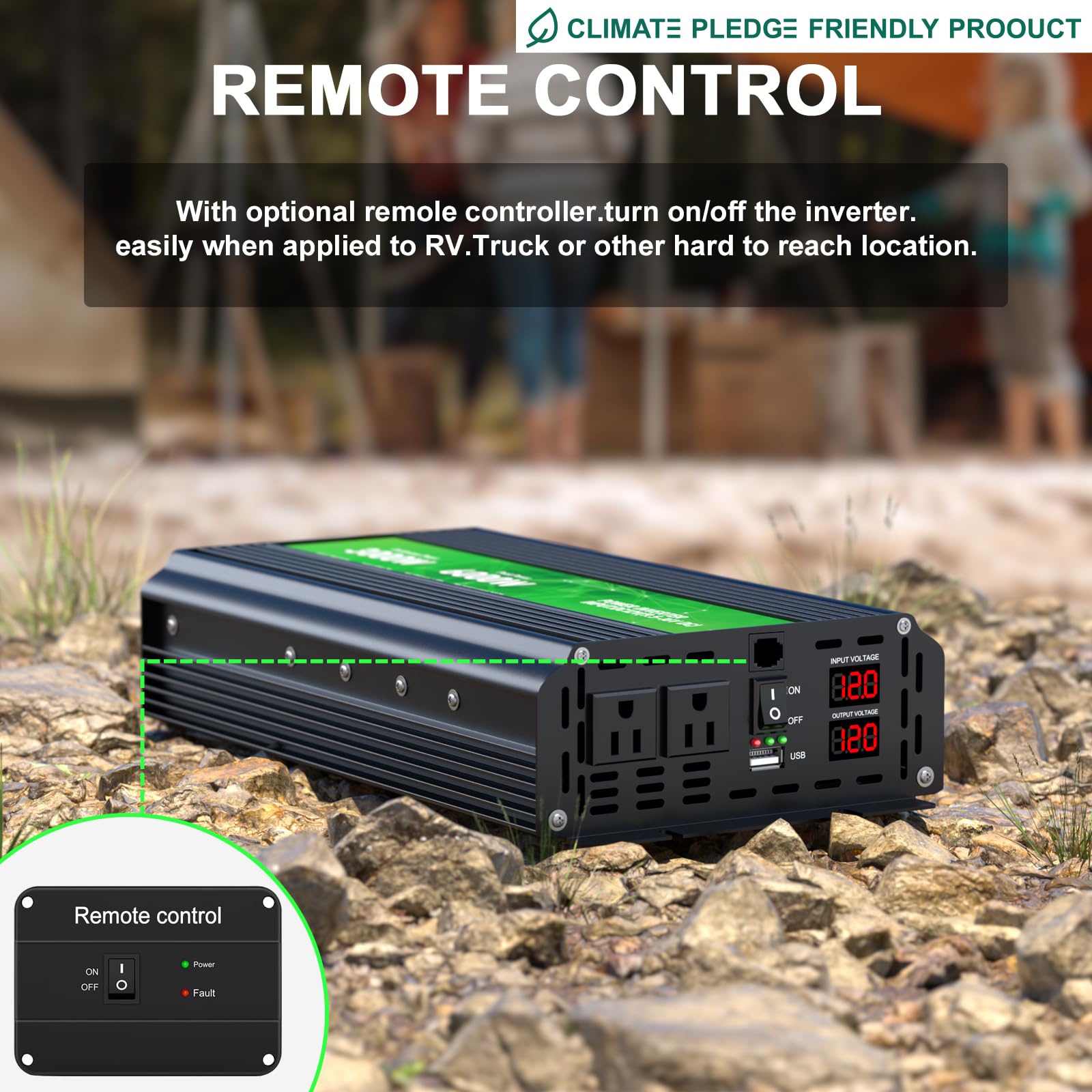 HONOURLIGHT 3000W inverter side ports highlighting dual outlets and USB power.