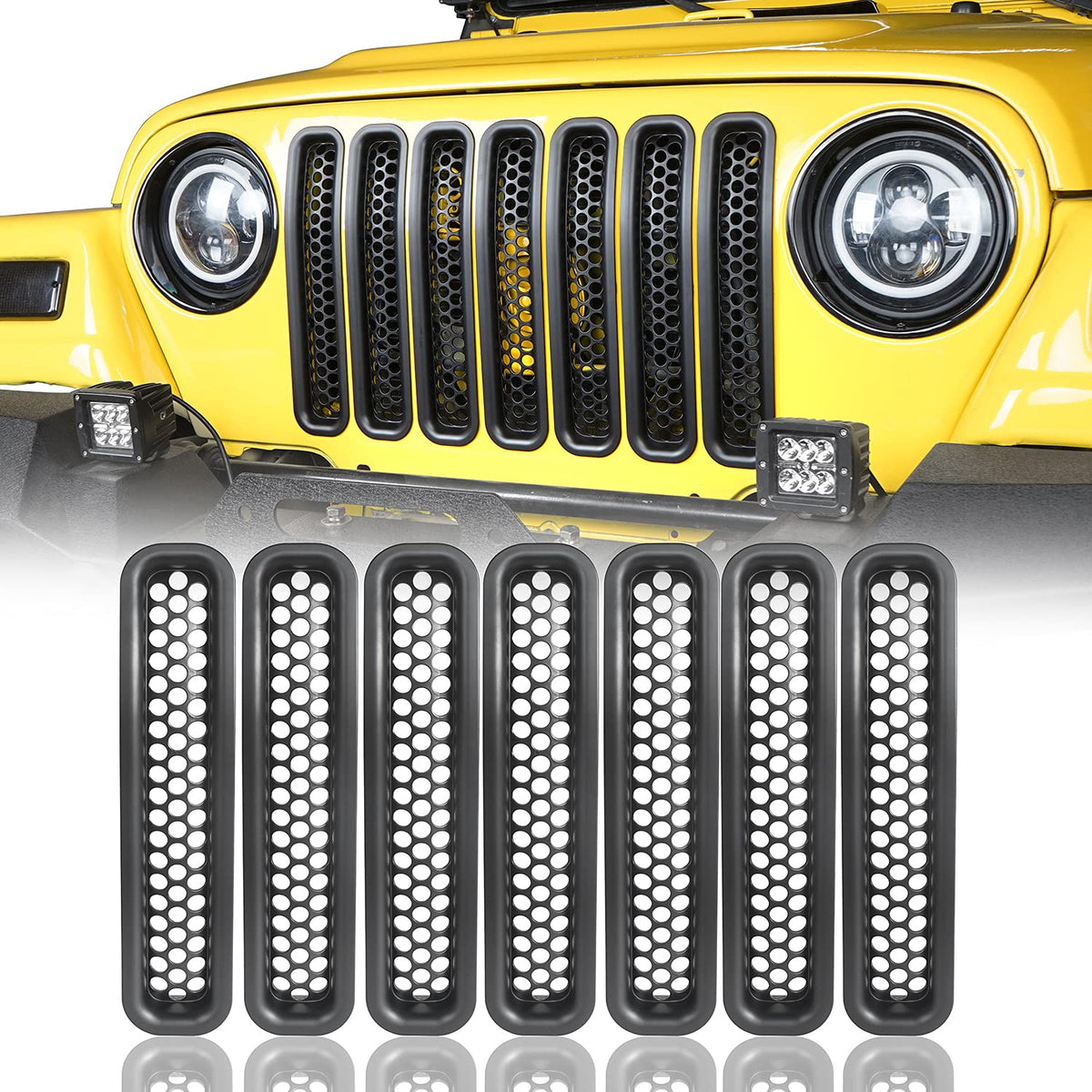 Hooke Road black front grille mesh inserts enhance TJ Wrangler's rugged look and protection.