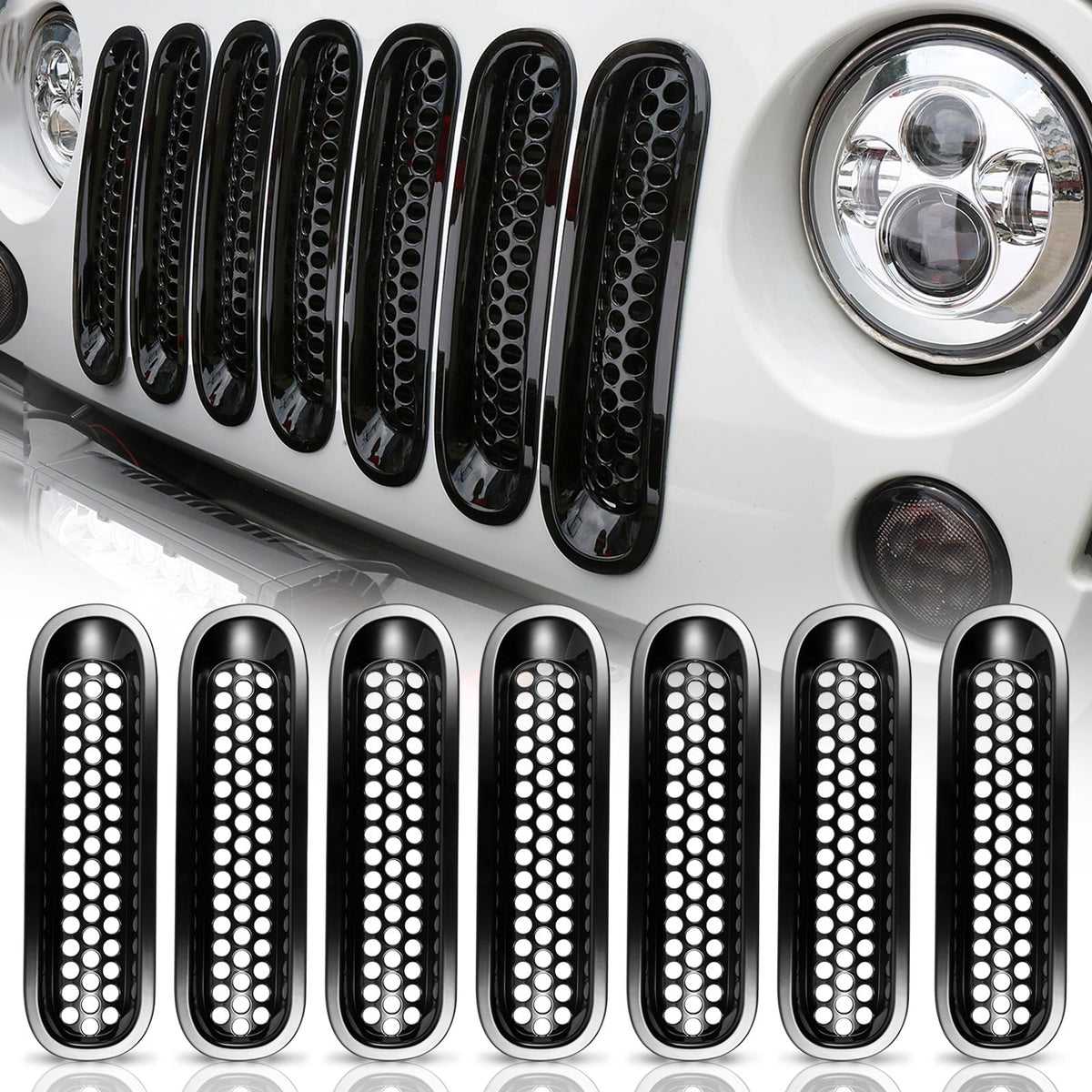 Hooke Road Black JK grill inserts with front grille mesh cover to improve airflow and style.