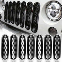 Hooke Road Black JK grill inserts with front grille mesh cover to improve airflow and style.