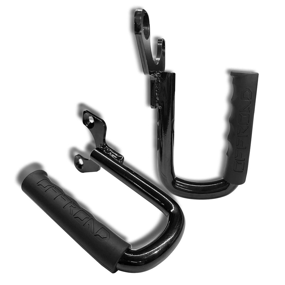 Hooke Road black steel front grab handles on TJ for durable use.