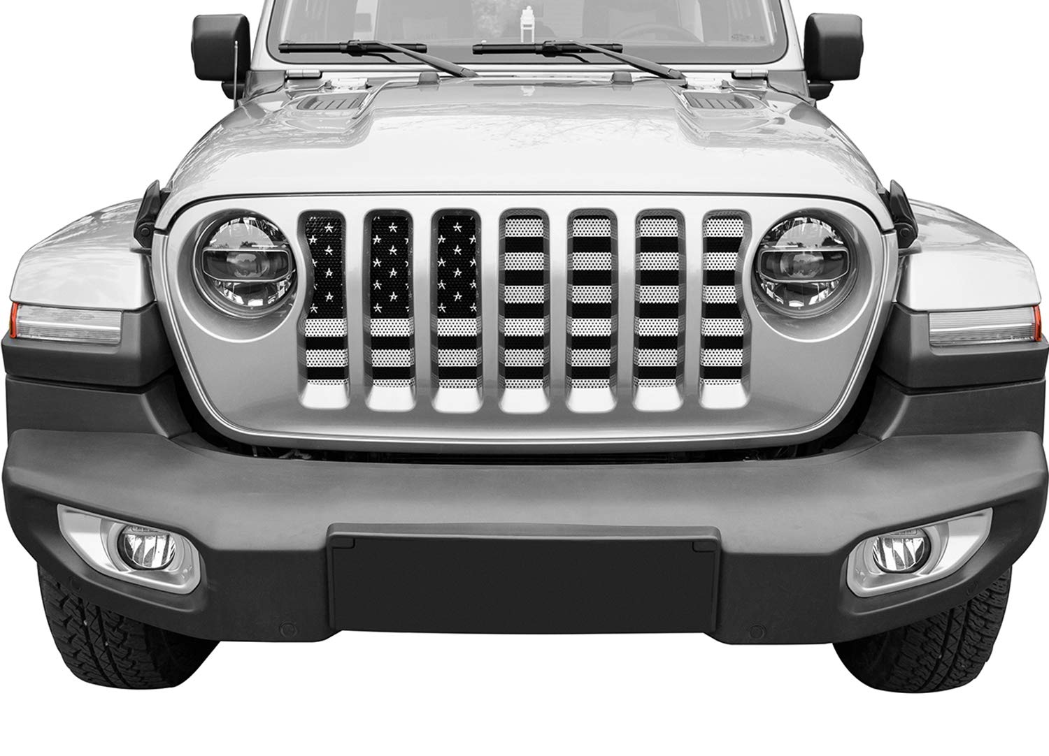 Hooke Road US flag grille insert for Gladiator JT enhances trail-ready look and airflow.