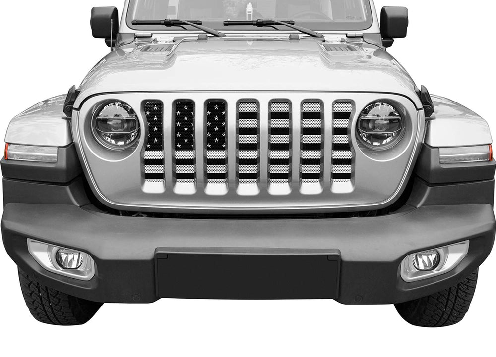 Hooke Road US flag grille insert for Gladiator JT enhances trail-ready look and airflow.
