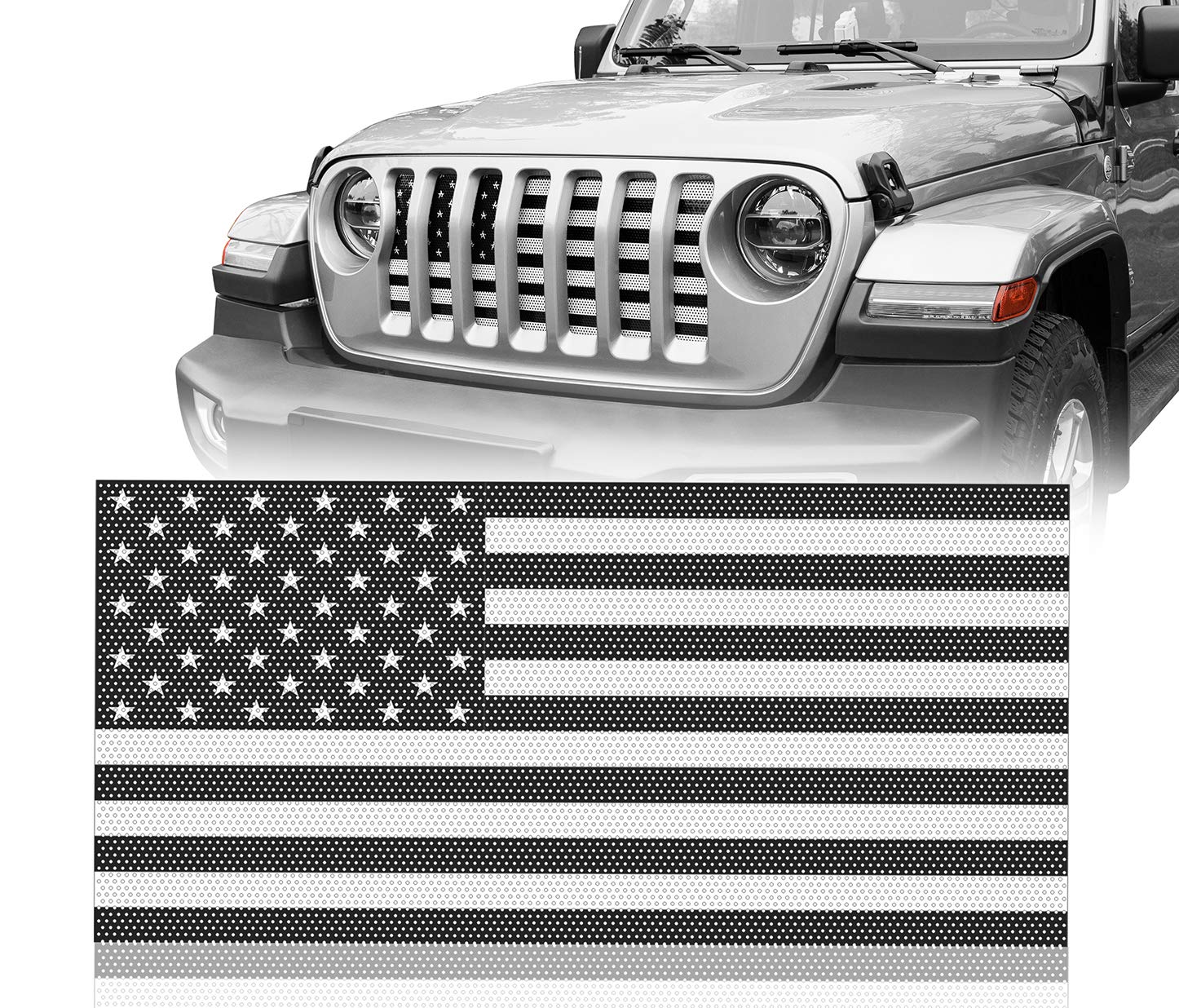 Hooke Road front grill with US flag on Jeep Wrangler JL adds rugged style and grille protection.