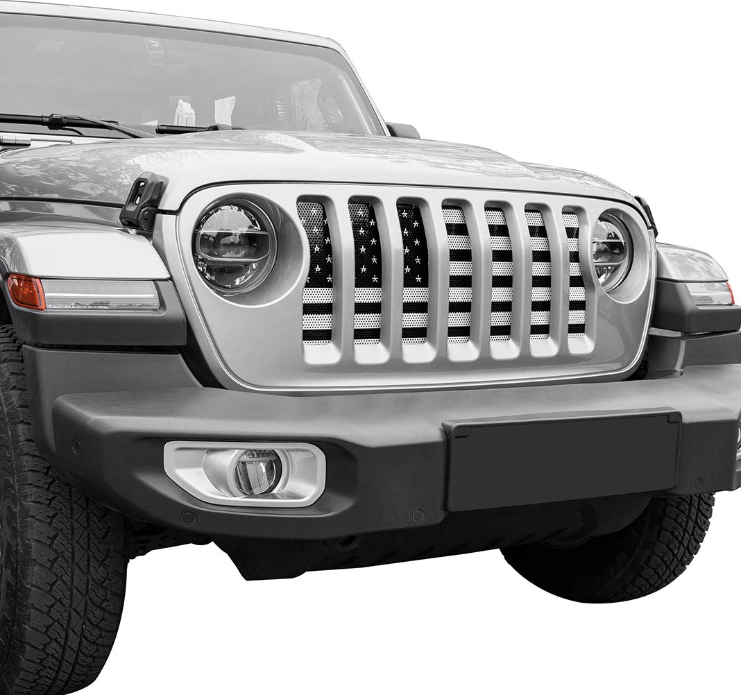 Mesh grille insert detail shows durable steel construction and precise fit.