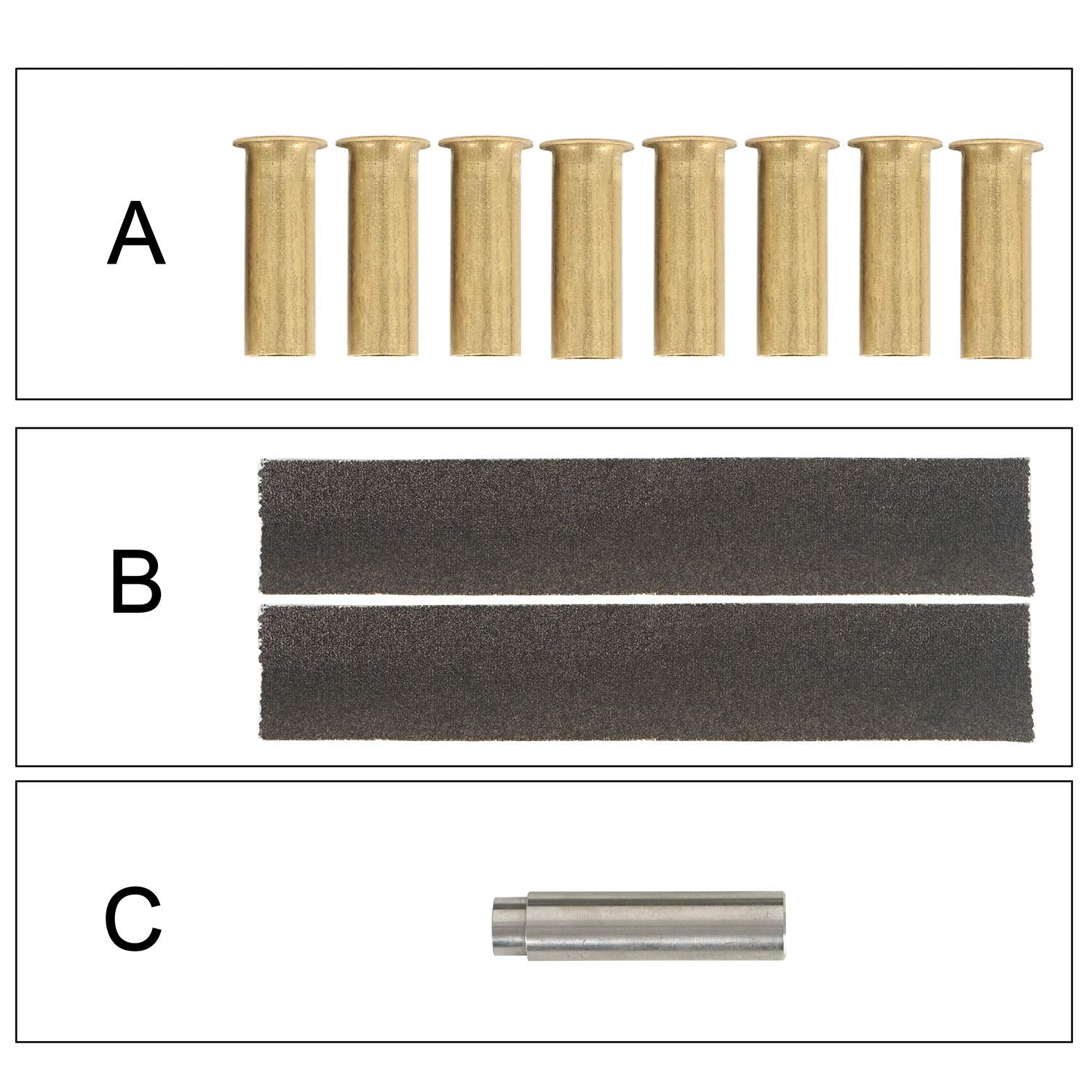 Hooke Road kit contents image showing eight bushings, a removal tool, and sandpaper.