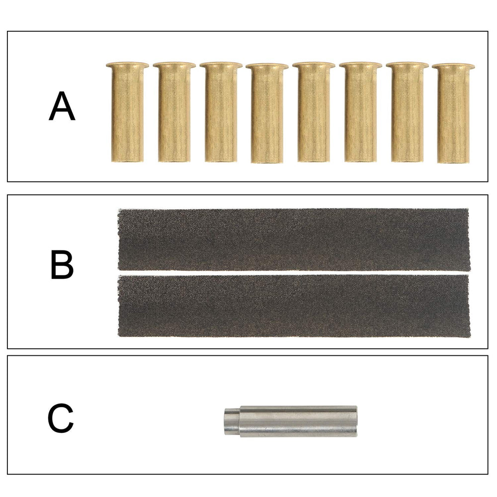 Hooke Road kit contents image showing eight bushings, a removal tool, and sandpaper.
