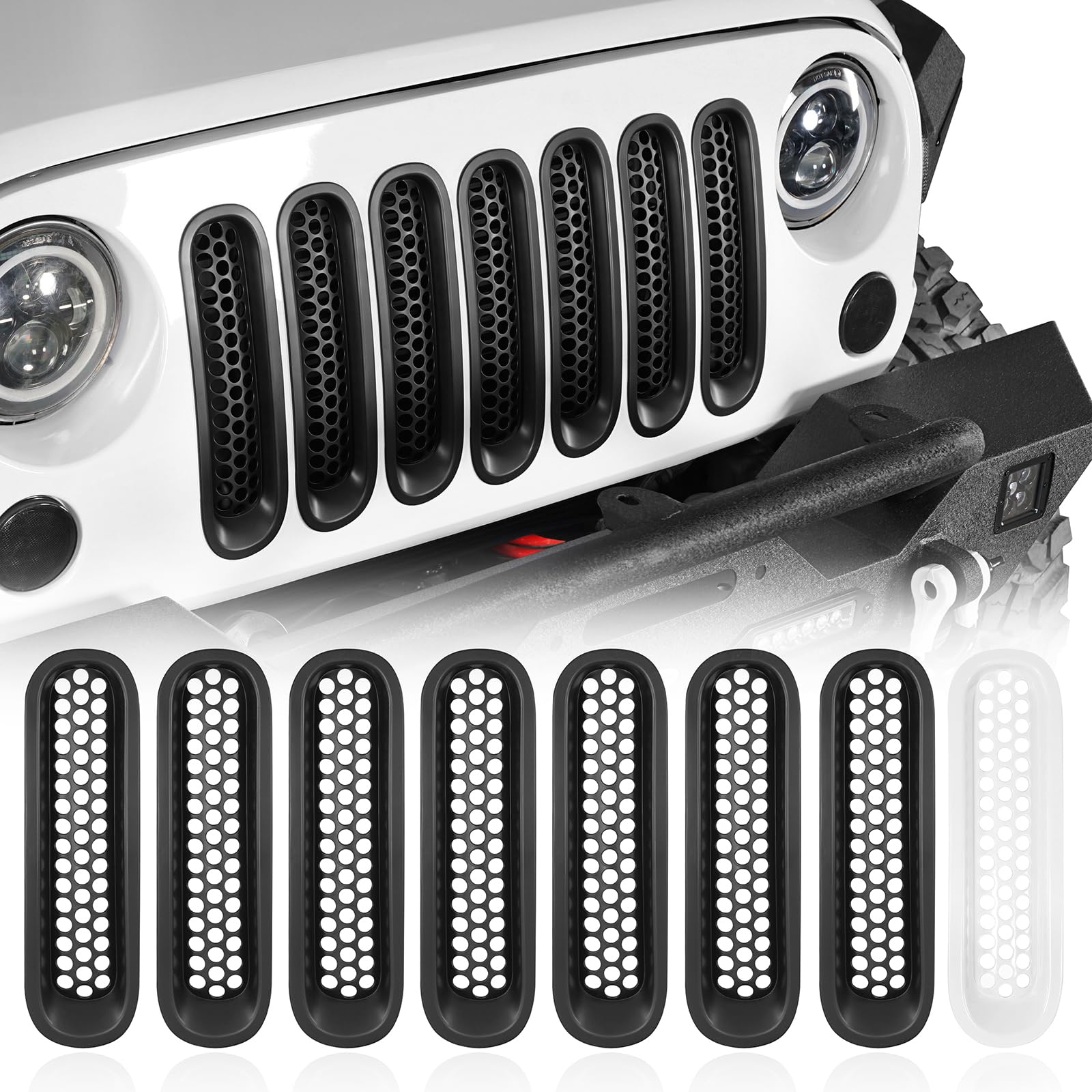 Hooke Road matte black grille inserts for Jeep JK front mesh enhance rugged style.