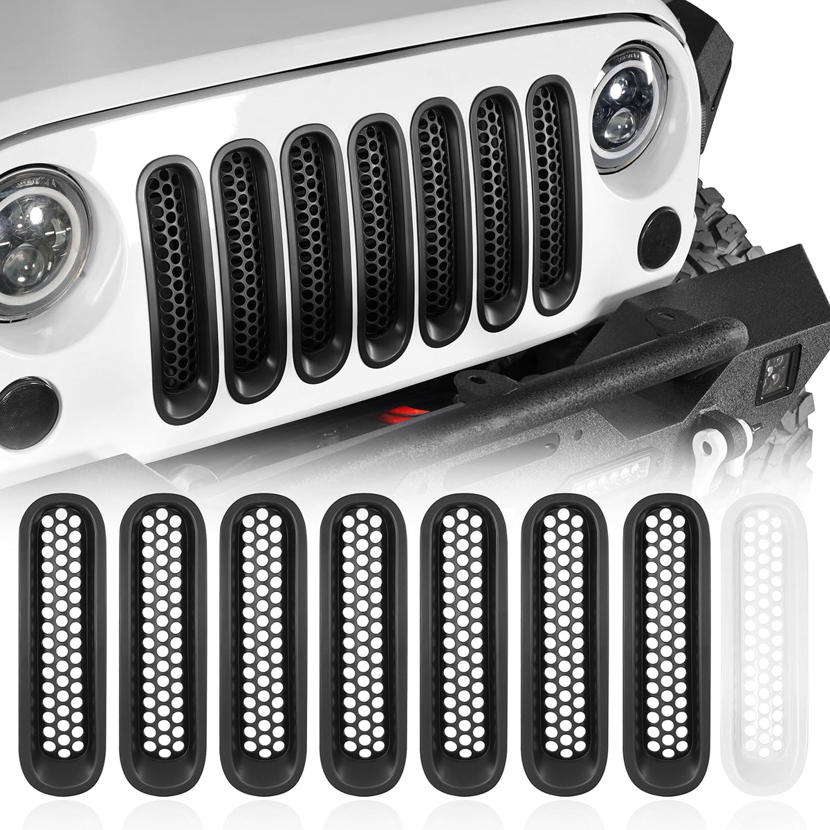Hooke Road matte black grille inserts for Jeep JK front mesh enhance rugged style.
