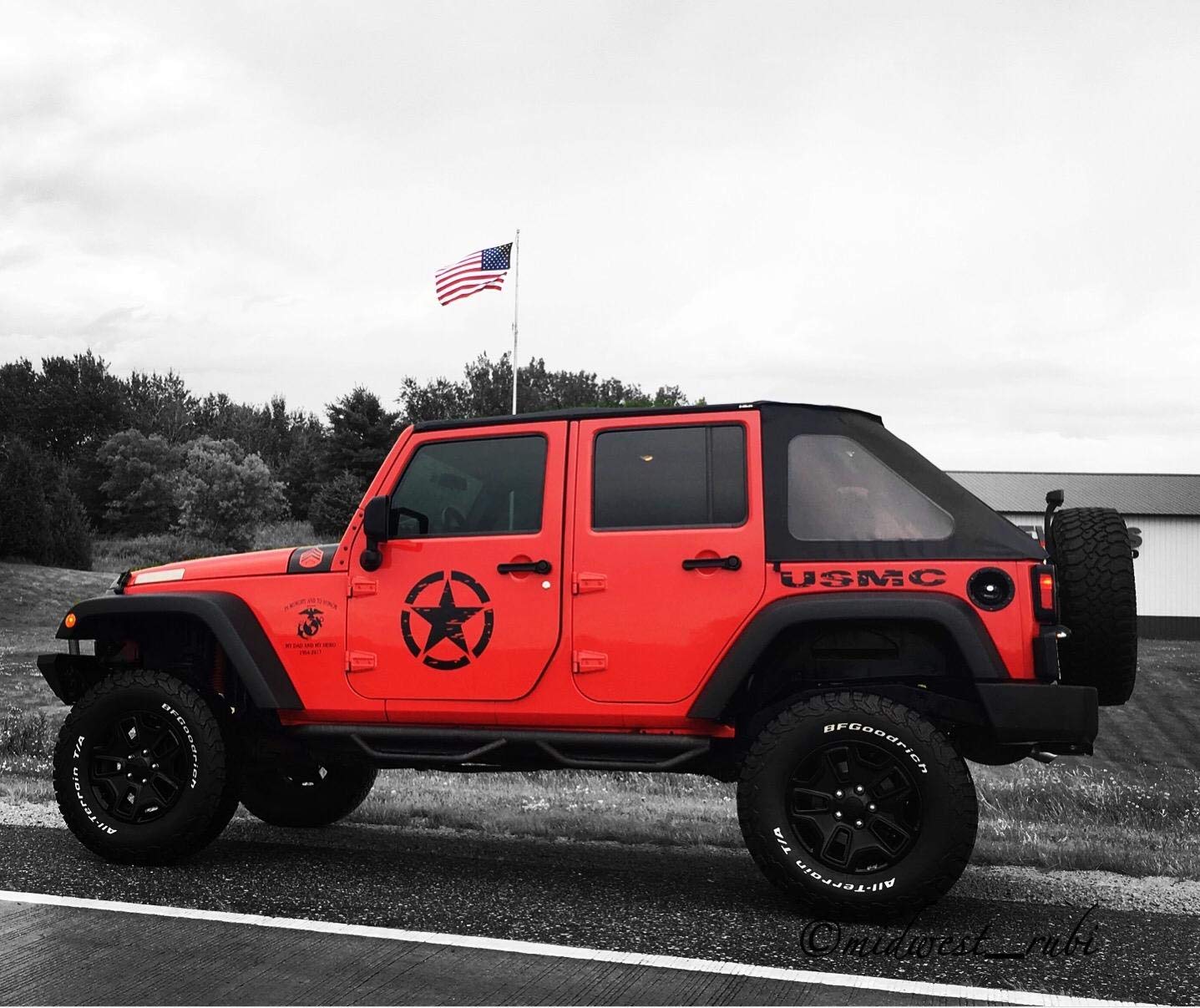 Hooke Road US Army Star decal on Jeep Wrangler, rugged outdoor vibe.