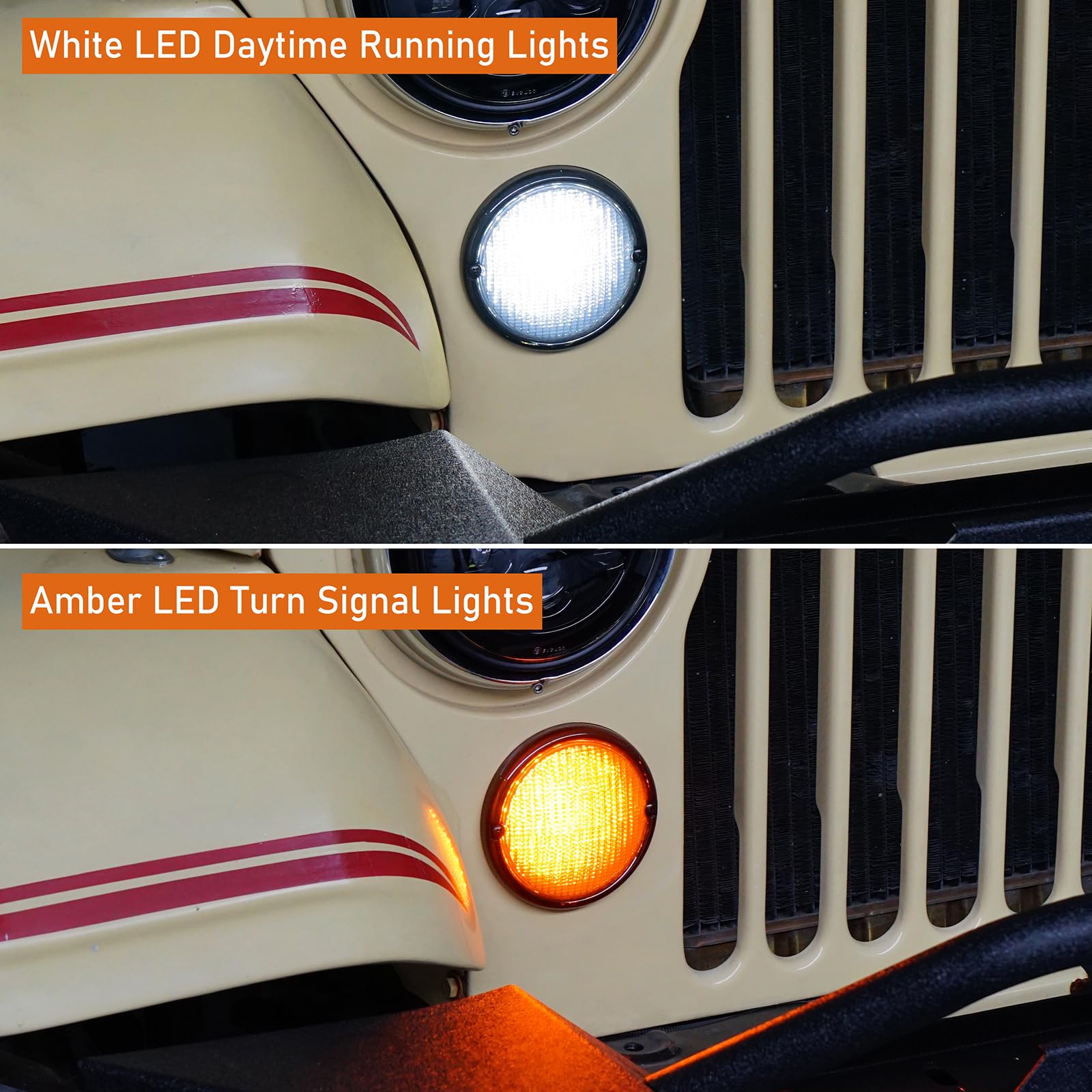 Hooke Road white DRL LED module improves daytime visibility on Jeep CJ.