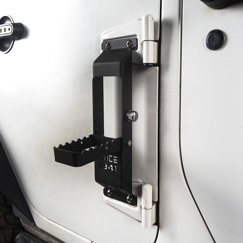 Hooke Road Wrangler Door Hinge Step mounted on Jeep, folding design aids safe roof access.
