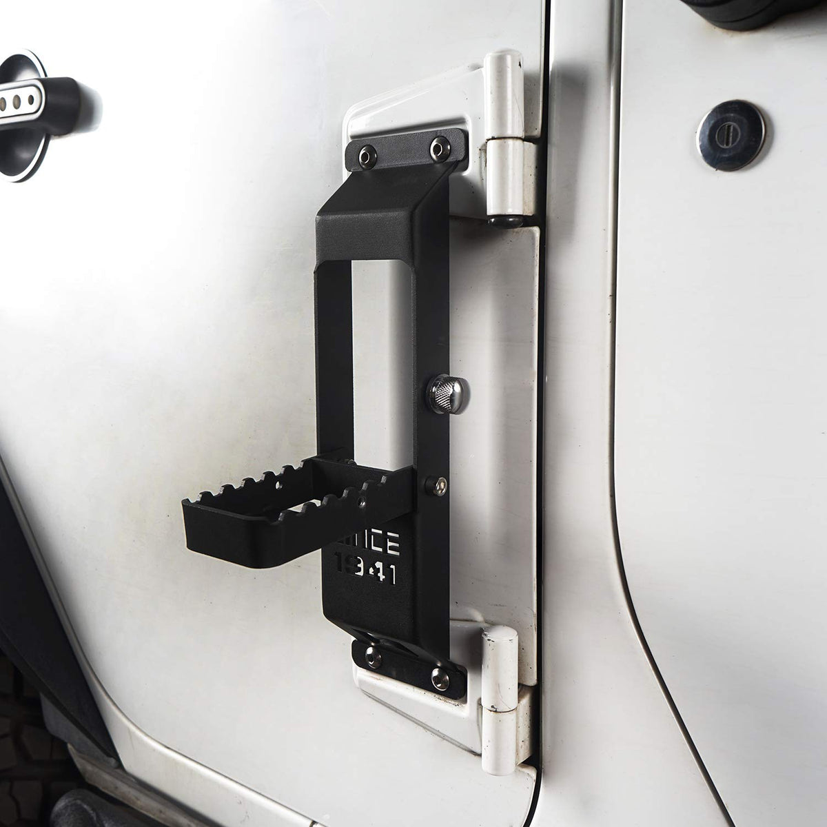 Hooke Road Wrangler Door Hinge Step mounted on Jeep, folding design aids safe roof access.