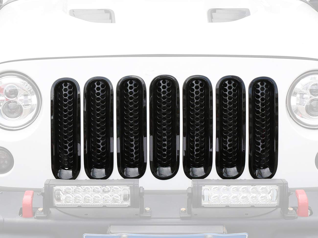 Hooke Road Wrangler JK gloss black grille inserts elevate exterior styling and cohesion.