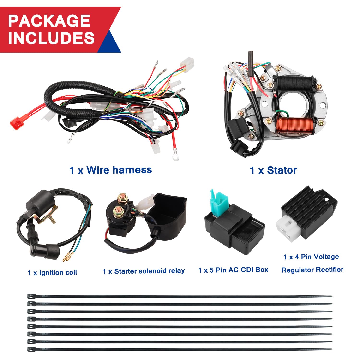 HOOUP ATV electrical harness components showcasing compatibility with 50cc to 125cc engines.