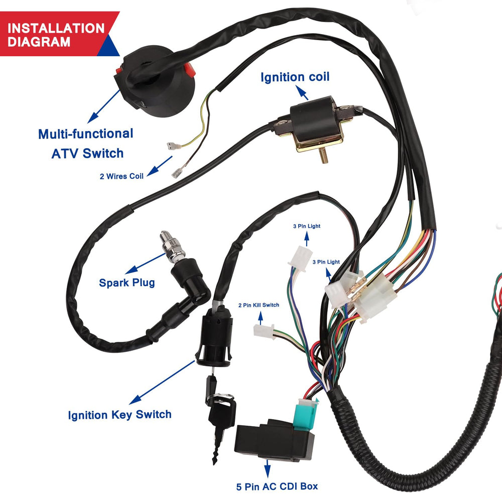 HOOUP wire harness and connectors arranged for clean, organized ATV wiring.