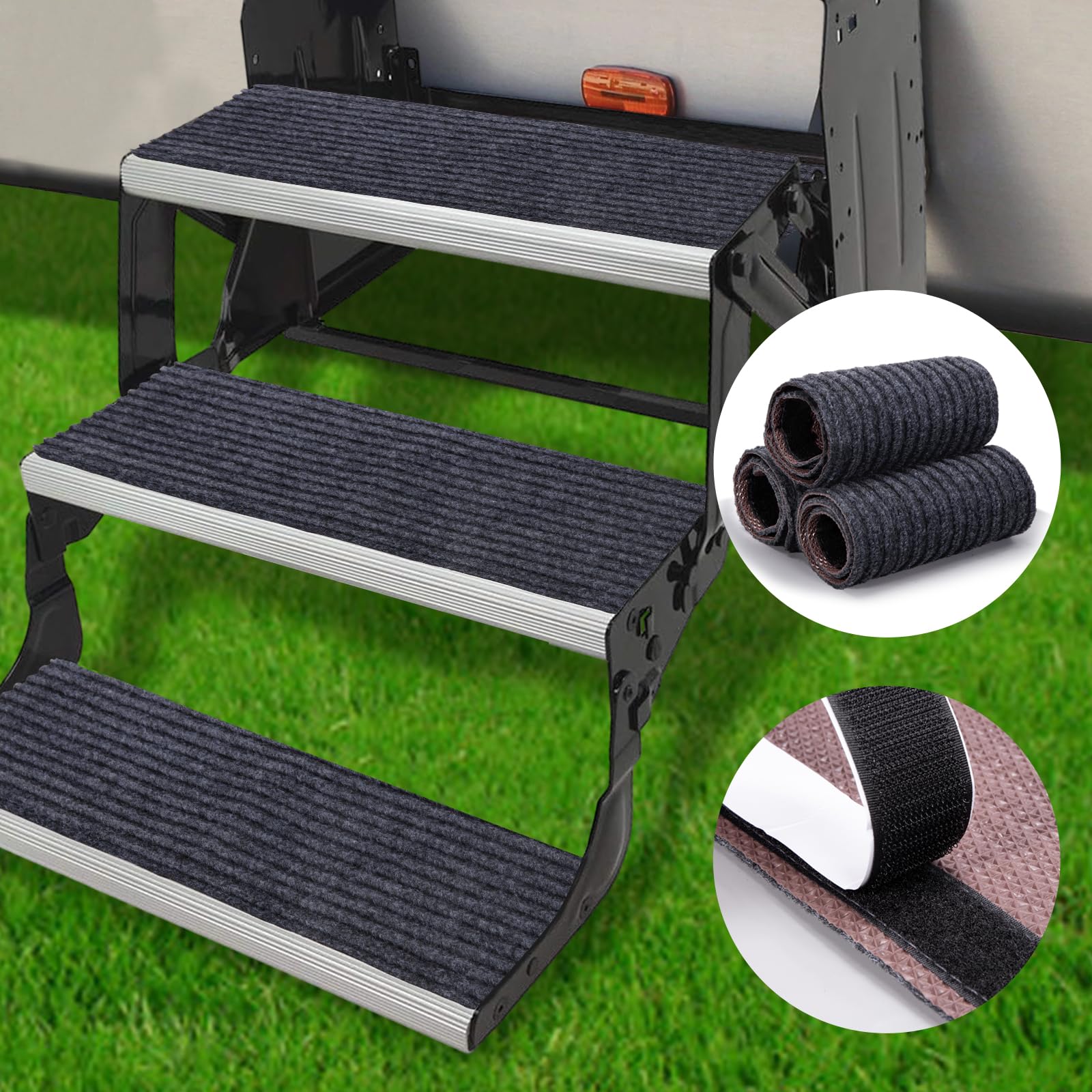 HOPEVIVA RV Step Covers installed on 22-inch steps for safer footing