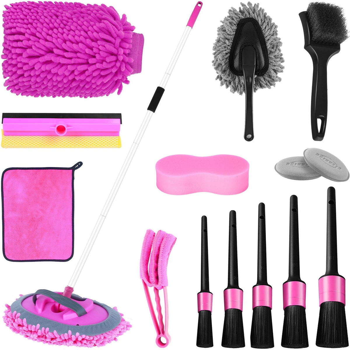 HORDALOR pink 62-inch car wash brush mop reaches roofs with soft chenille head