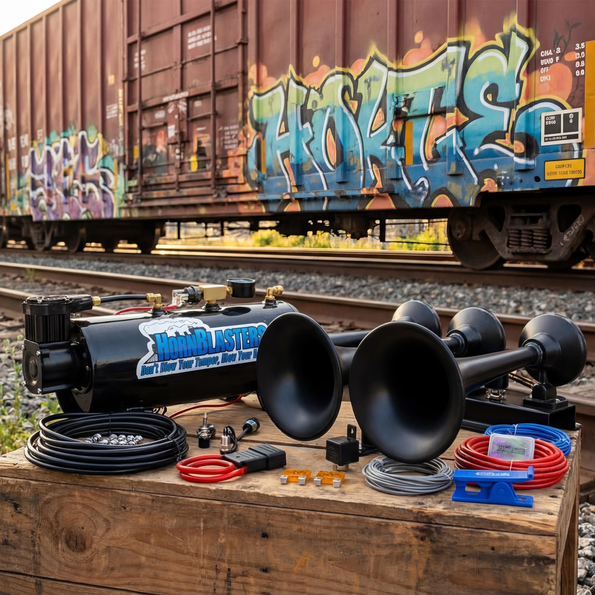 HornBlasters Flatlaw horn assembly with high-flow valve delivering robust honks