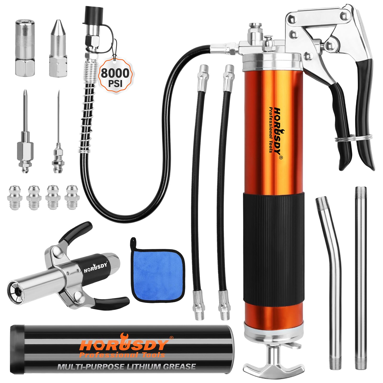 HORUSDY grease gun kit front view for durable lubrication in workshops