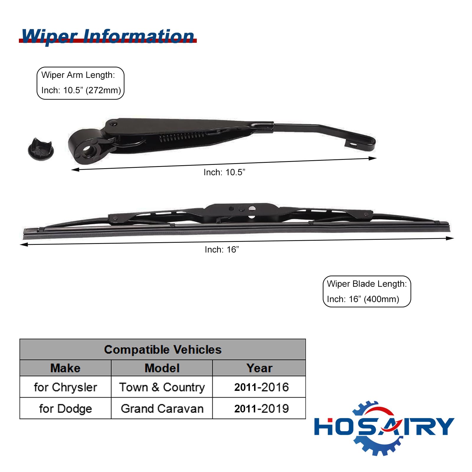 Hosairy rear wiper arm blade set for Chrysler Town and Country ensures dependable wipe