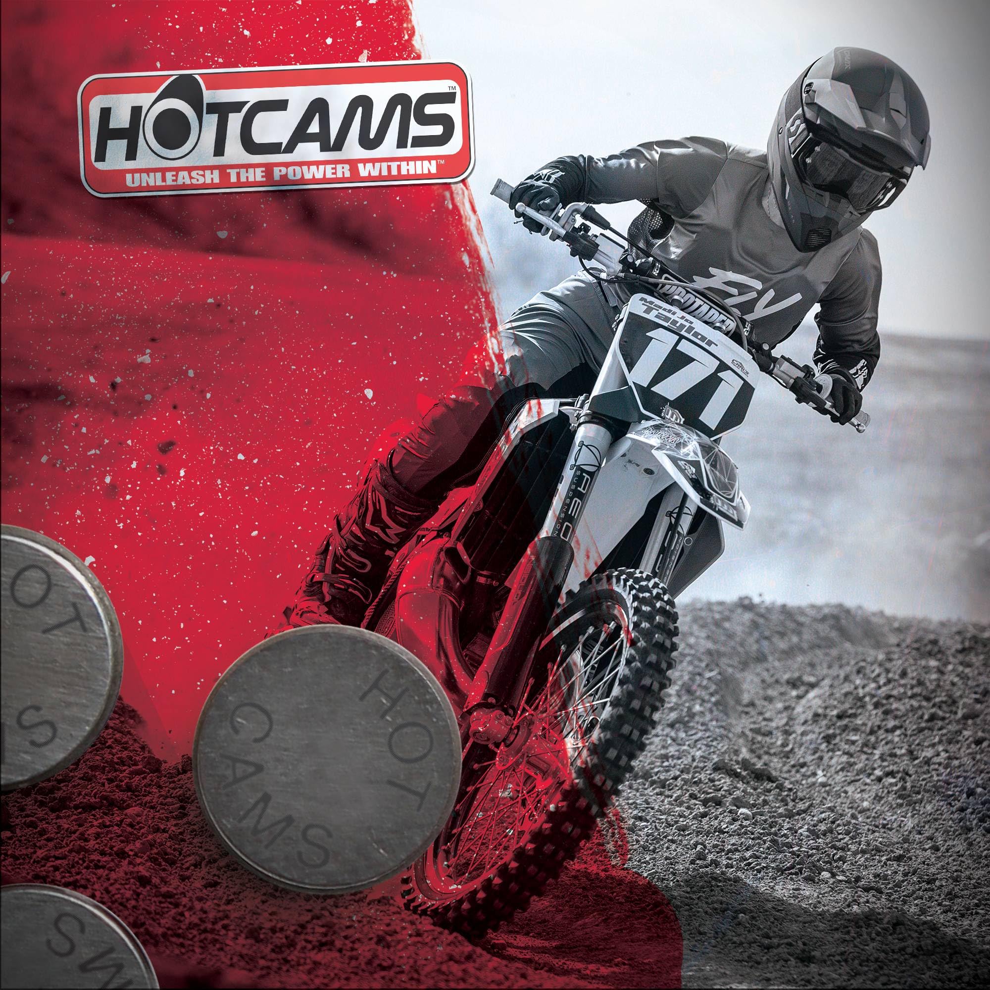 Hot Cams packaging and components ready for dirt bike valve service.