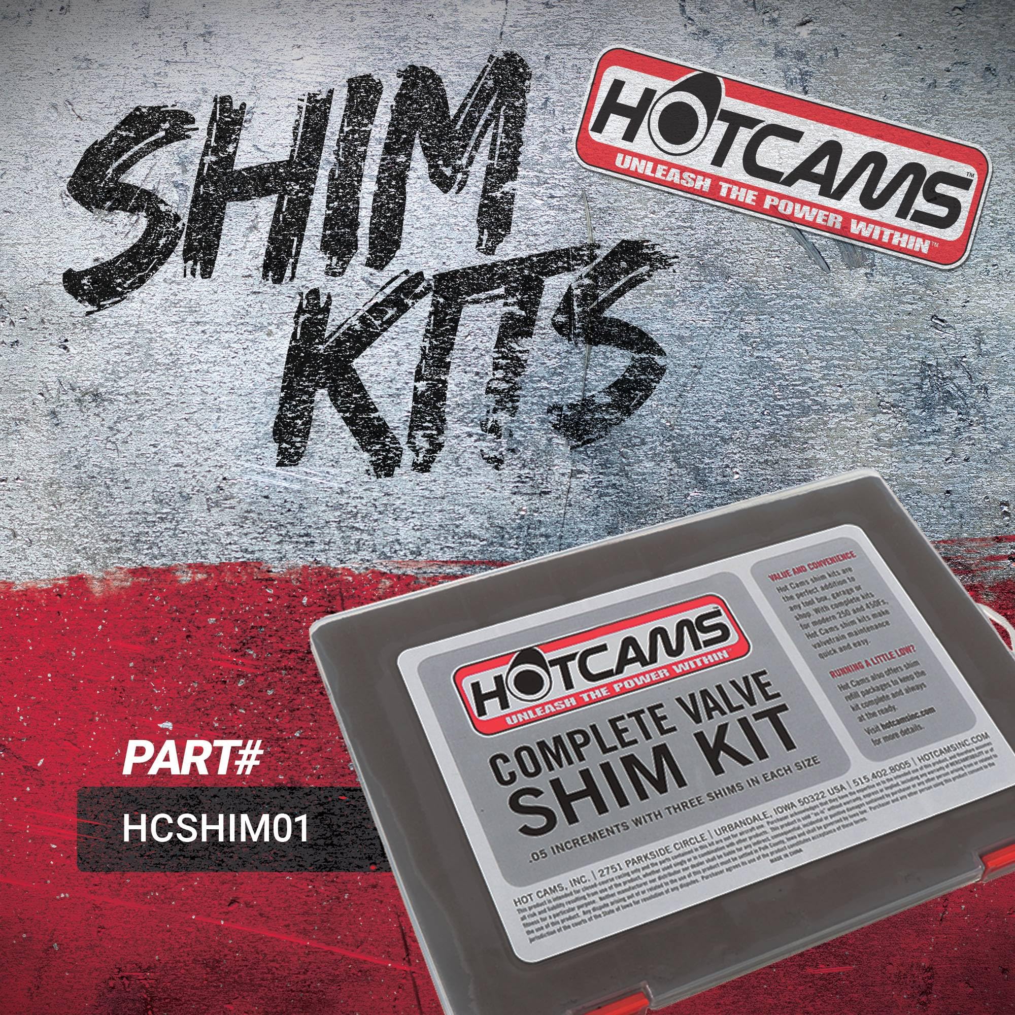 Hot Cams complete shim set laid out in 0.05mm increments for precise valve clearance tuning.