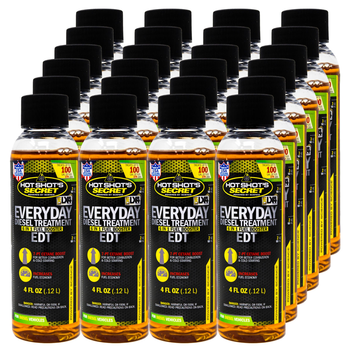 Hot Shot's Secret EDT bottle 4oz ready for diesel fuel treatment to boost cetane.