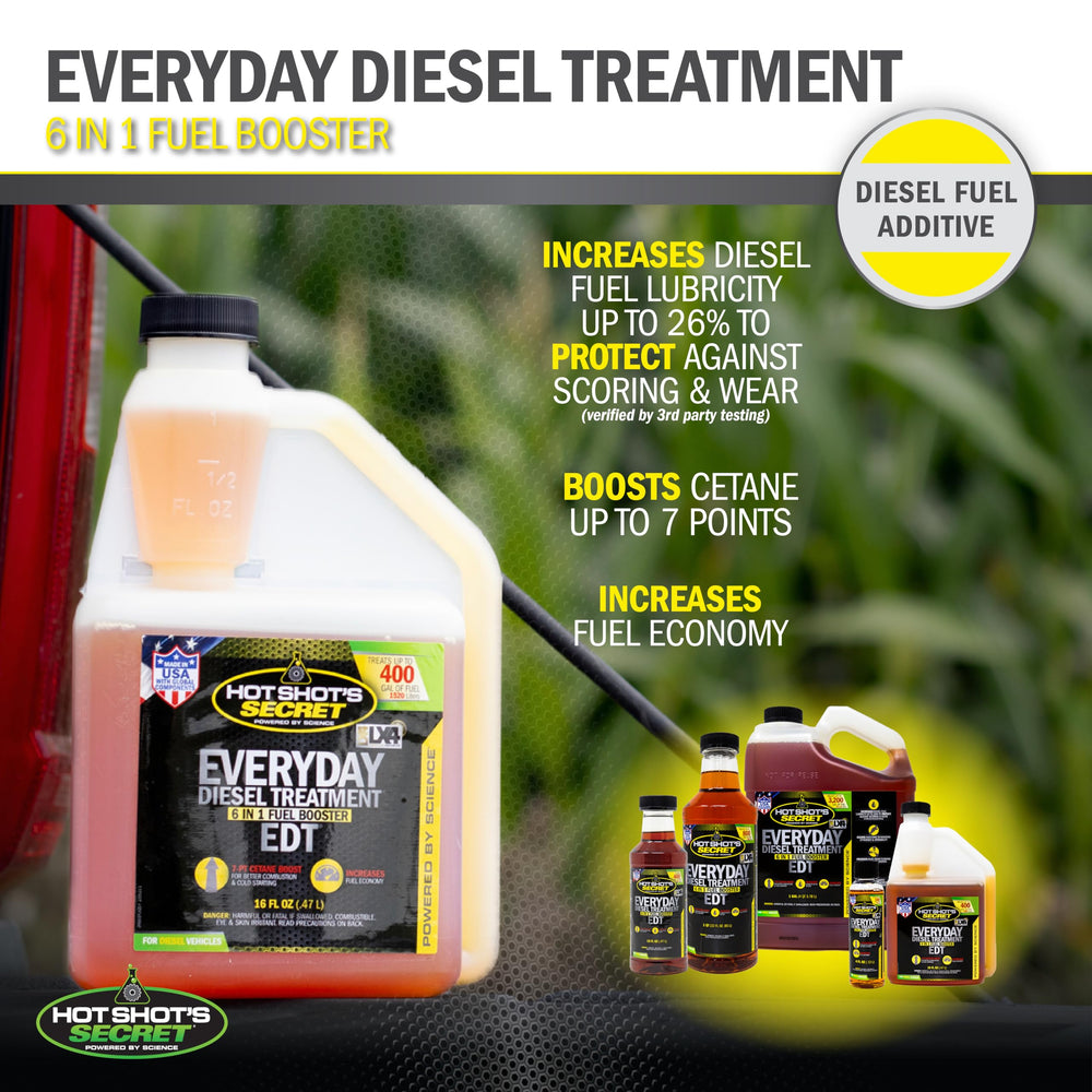 Hot Shot's Secret EDT label on bottle highlights 6-in-1 diesel benefits.