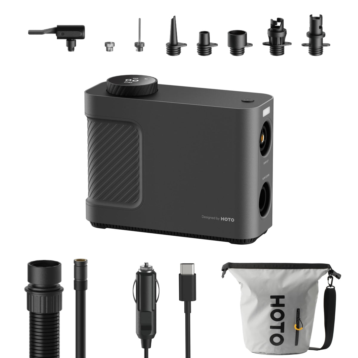 HOTO Air Pump Master front view showing portable inflation capability