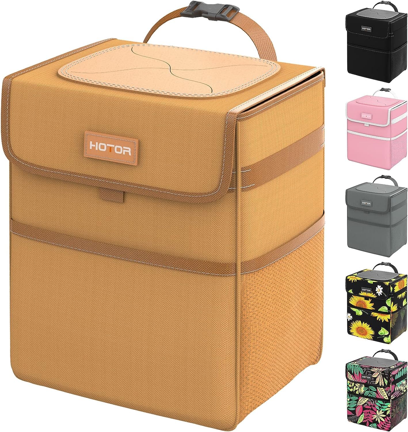 HOTOR car trash can with lid in brown keeps your car clean and leak-free.