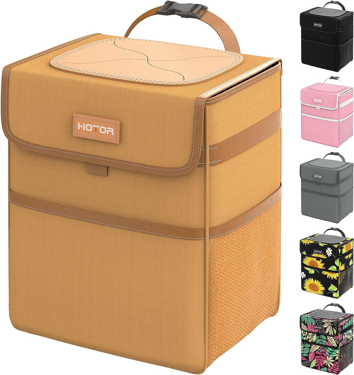 HOTOR car trash can with lid in brown keeps your car clean and leak-free.