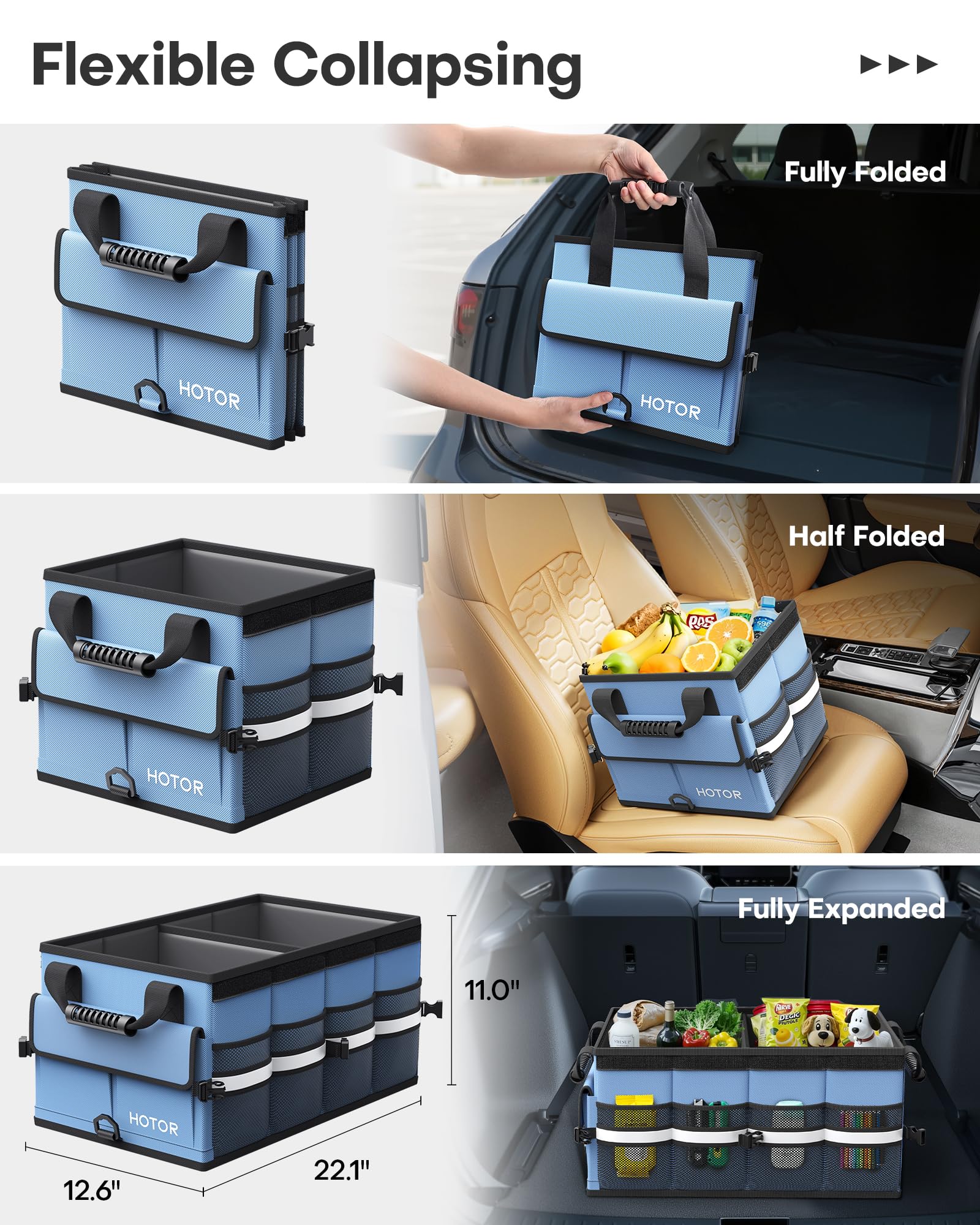 HOTOR Car Trunk Organizer open with compartments for organized cargo on trips.