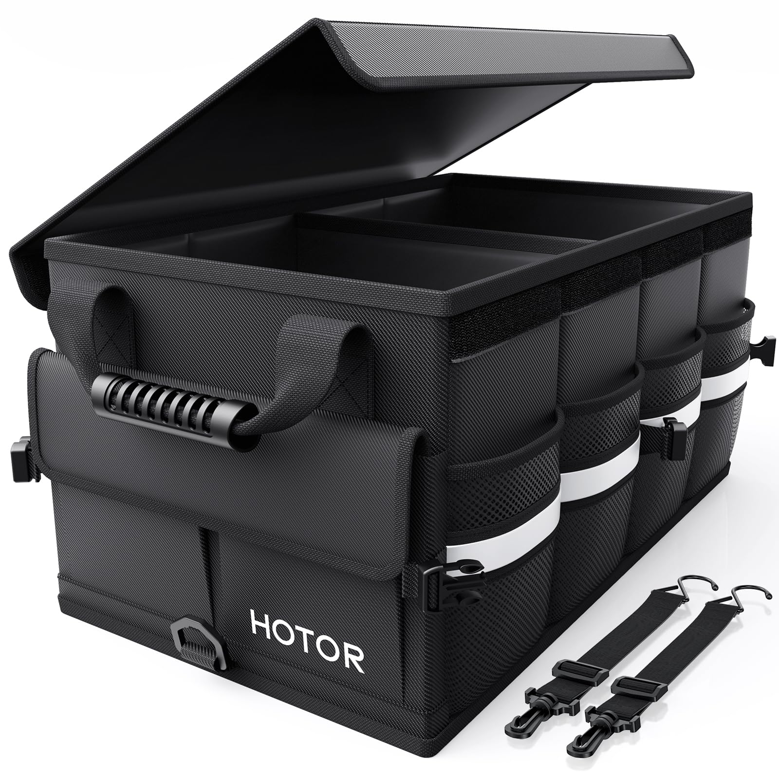 HOTOR car trunk organizer foldable-compact helps keep groceries organized and trunk clutter-free