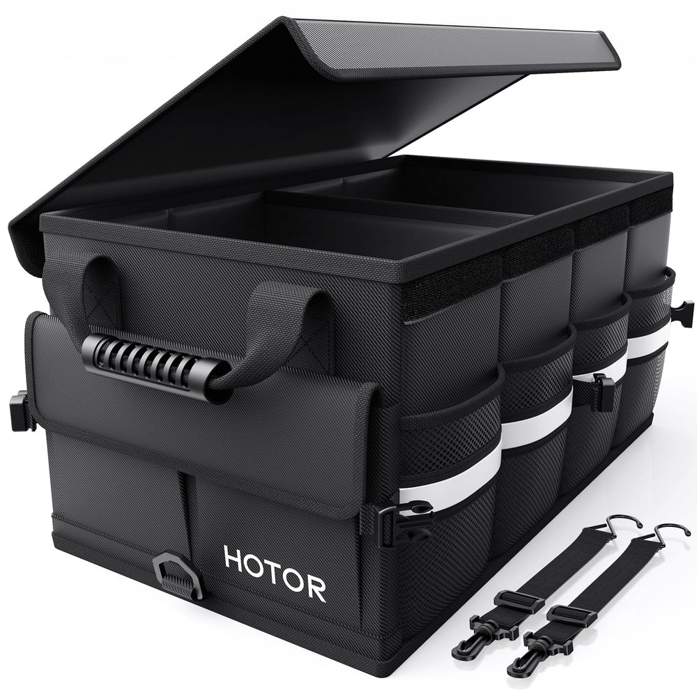 HOTOR car trunk organizer foldable-compact helps keep groceries organized and trunk clutter-free
