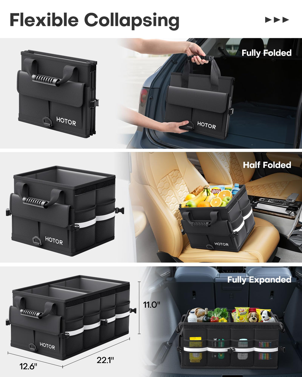 HOTOR car trunk organizer with mesh-side-pockets provides quick access to essentials