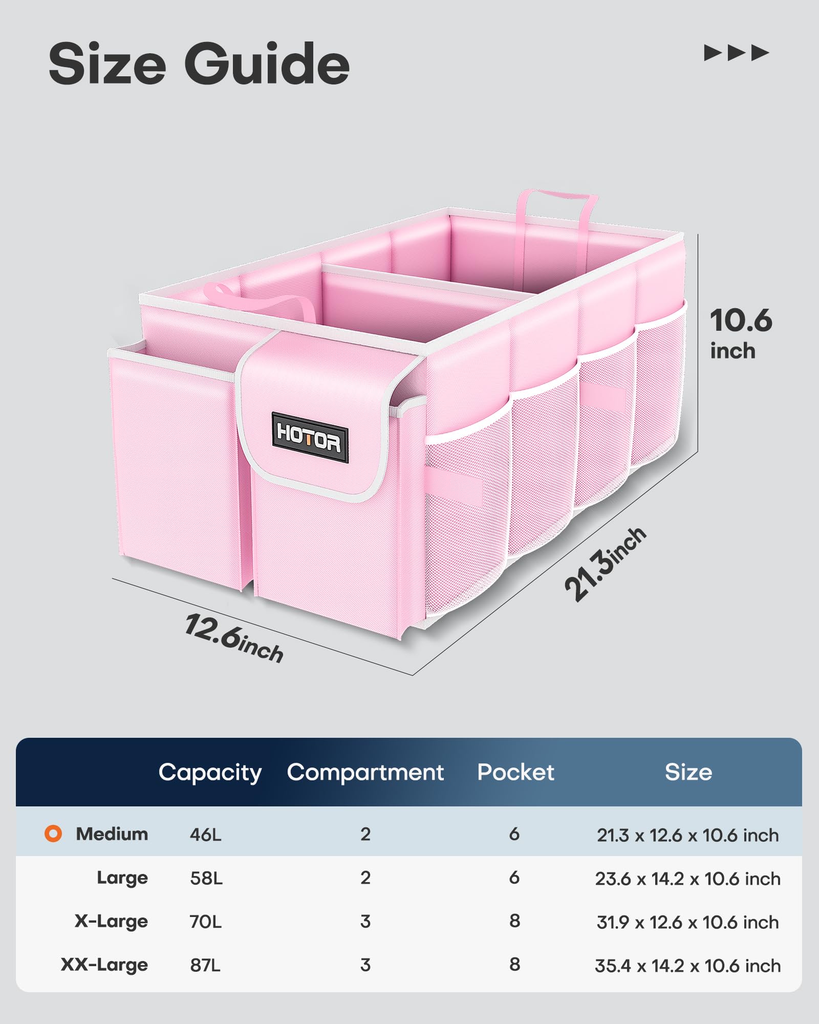HOTOR foldable trunk organizer showing compact car fit.