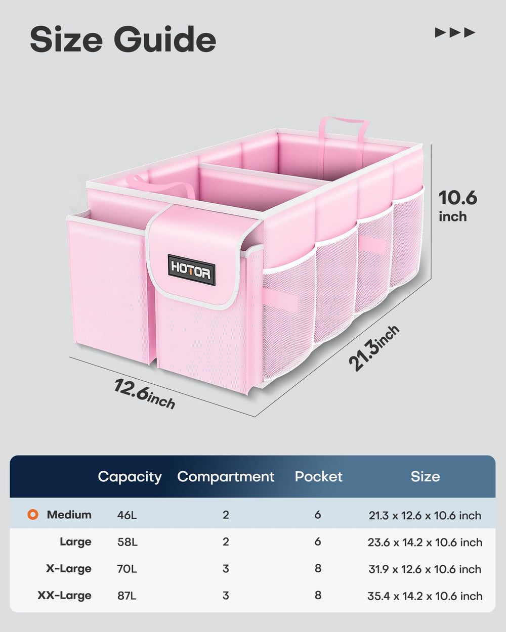 HOTOR foldable trunk organizer showing compact car fit.