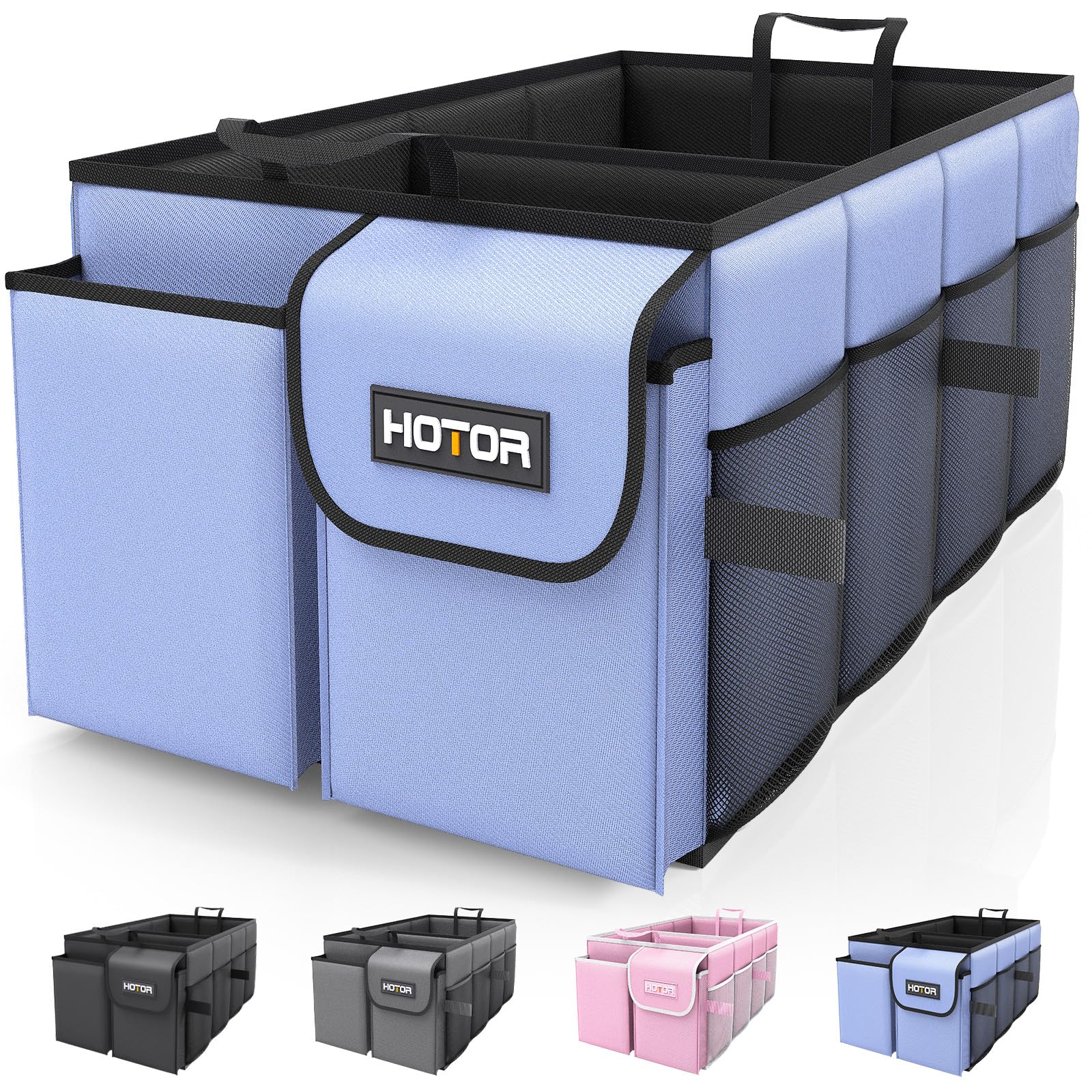 HOTOR Trunk Organizer with two compartments keeps groceries organized and accessible.