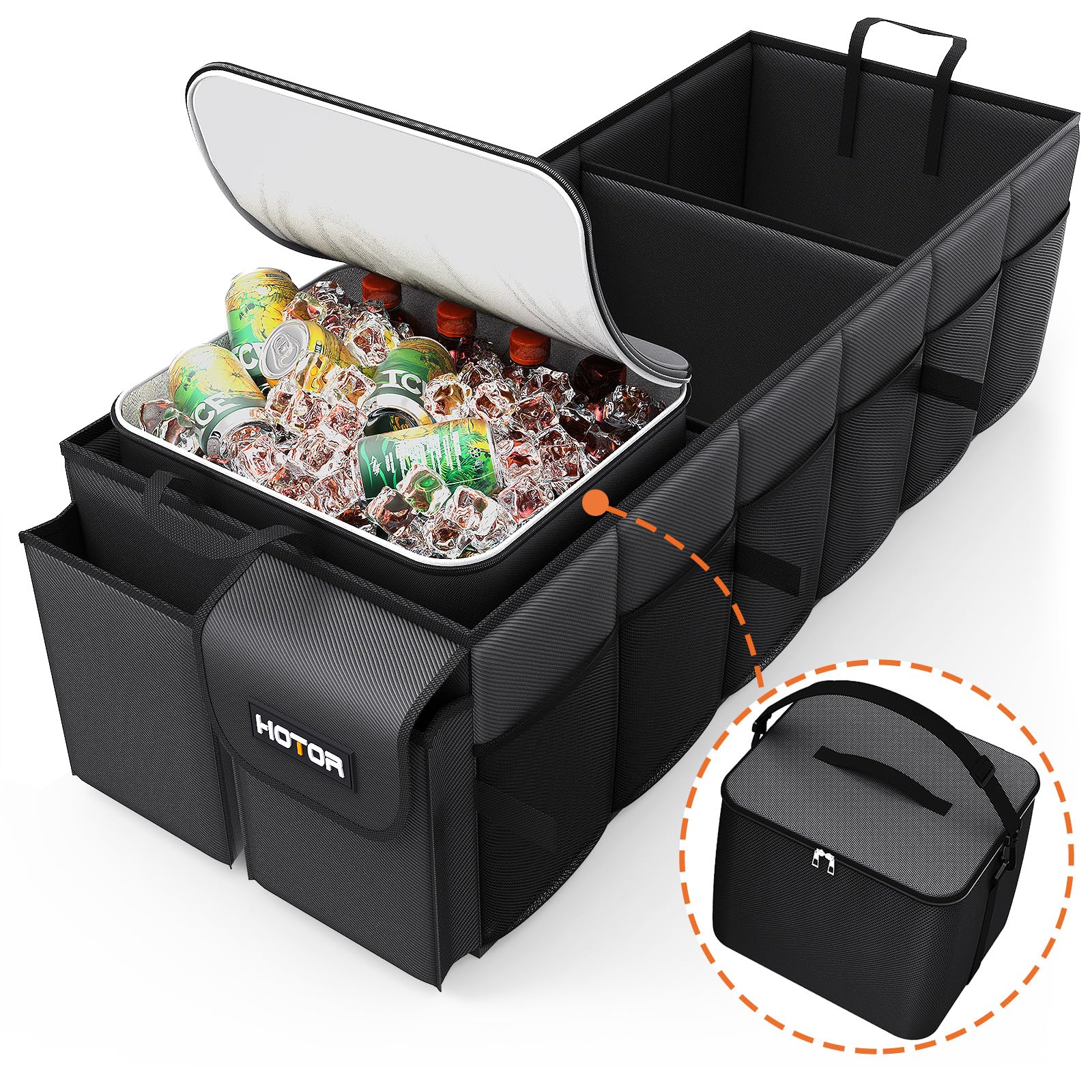 HOTOR trunk organizer with three compartments for easy, tidy storage during every trip.