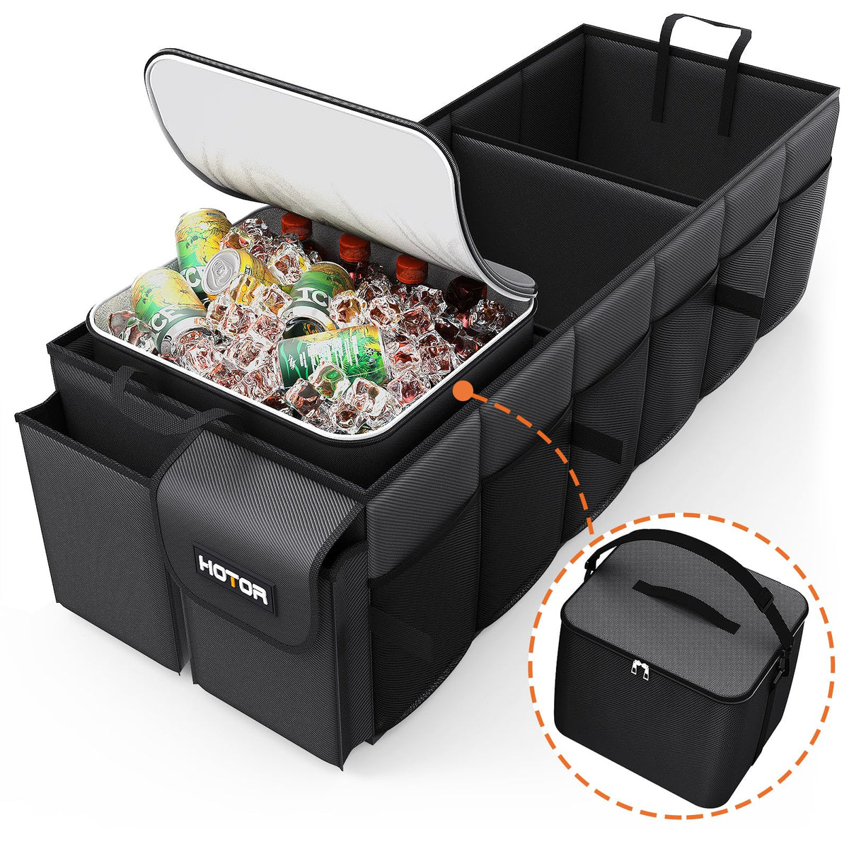 HOTOR trunk organizer with three compartments for easy, tidy storage during every trip.
