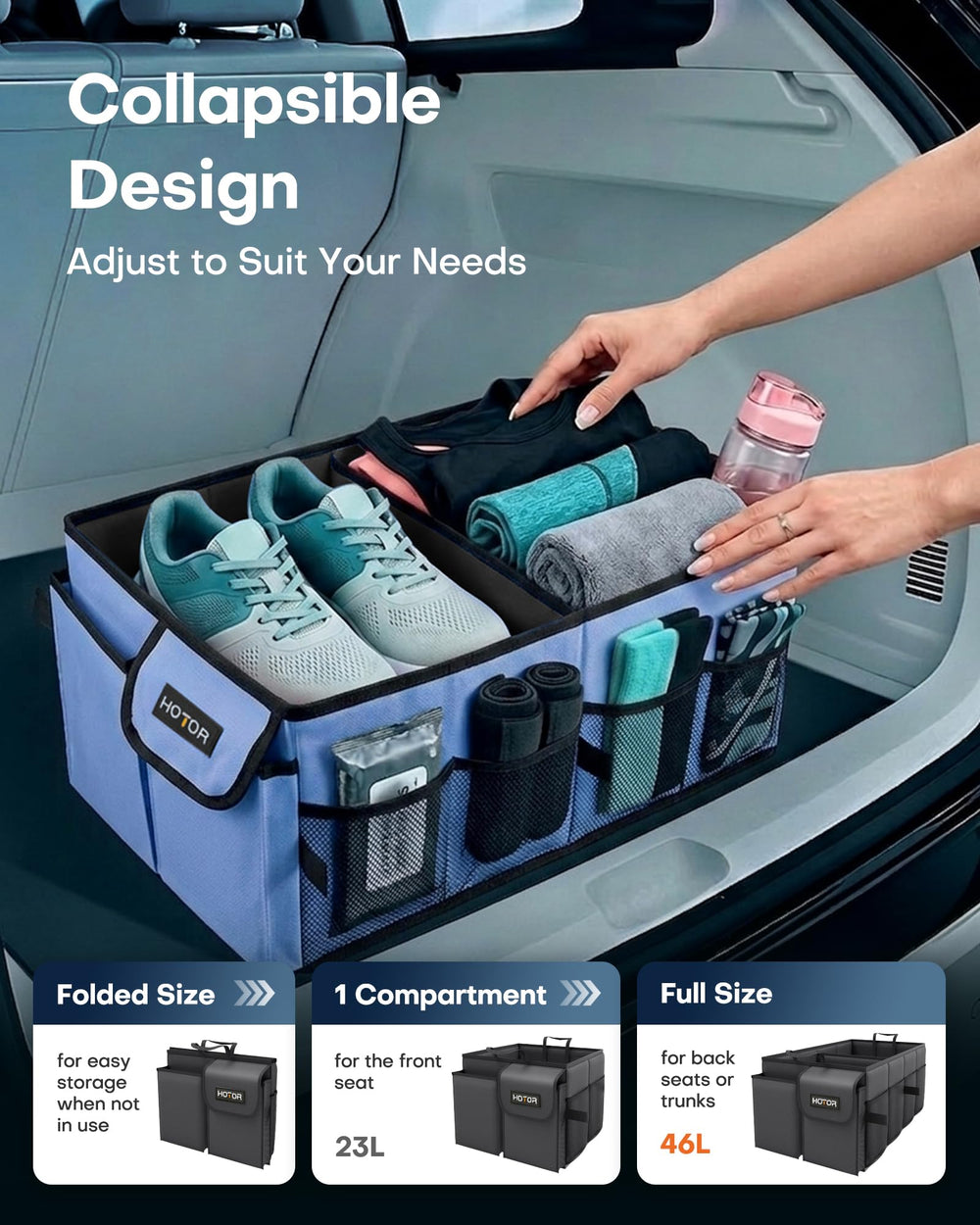 HOTOR Trunk Organizer base panel supports loads up to 60 lb.
