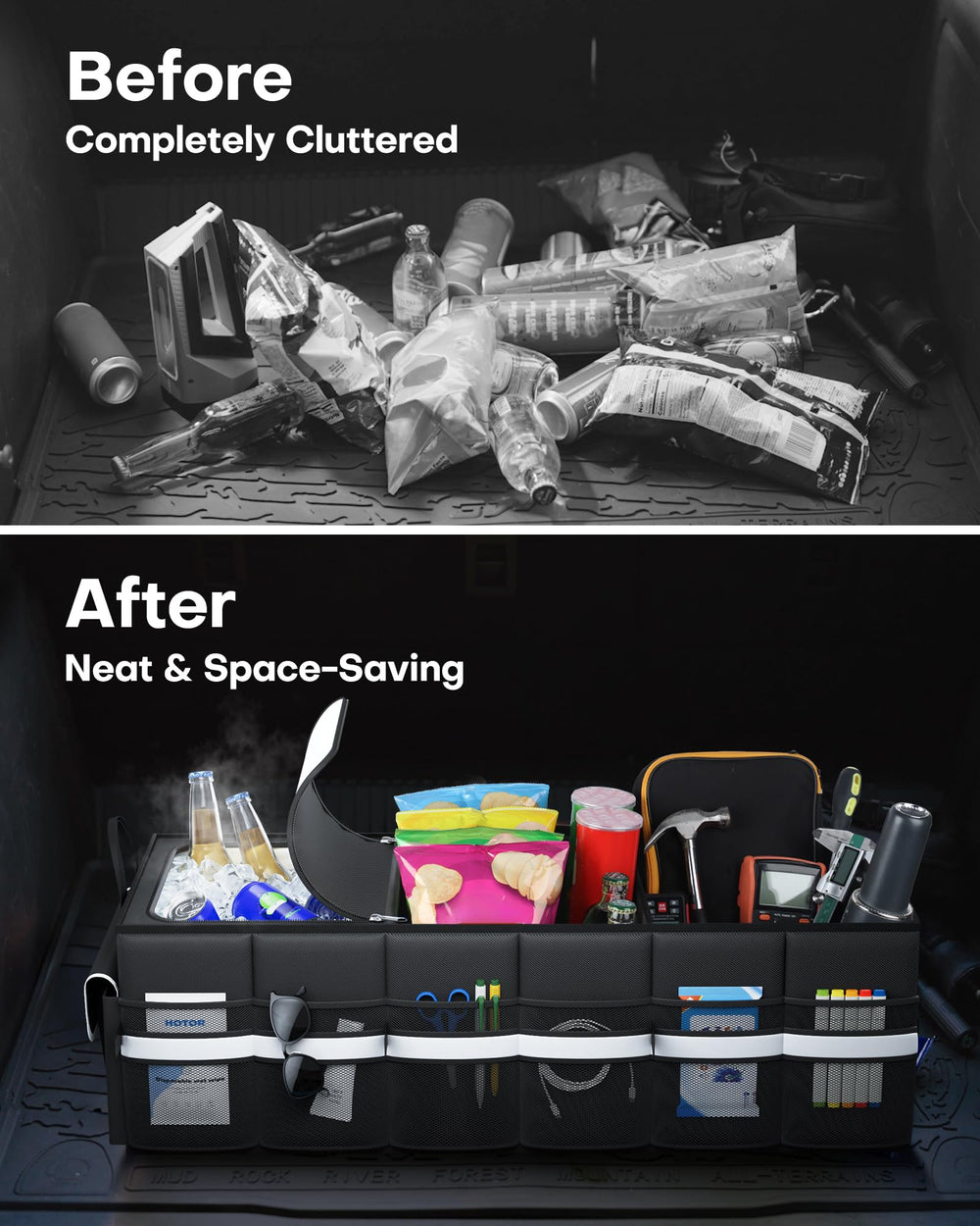 HOTOR trunk organizer adjustable configurations fit trunk, backseat, or front seat