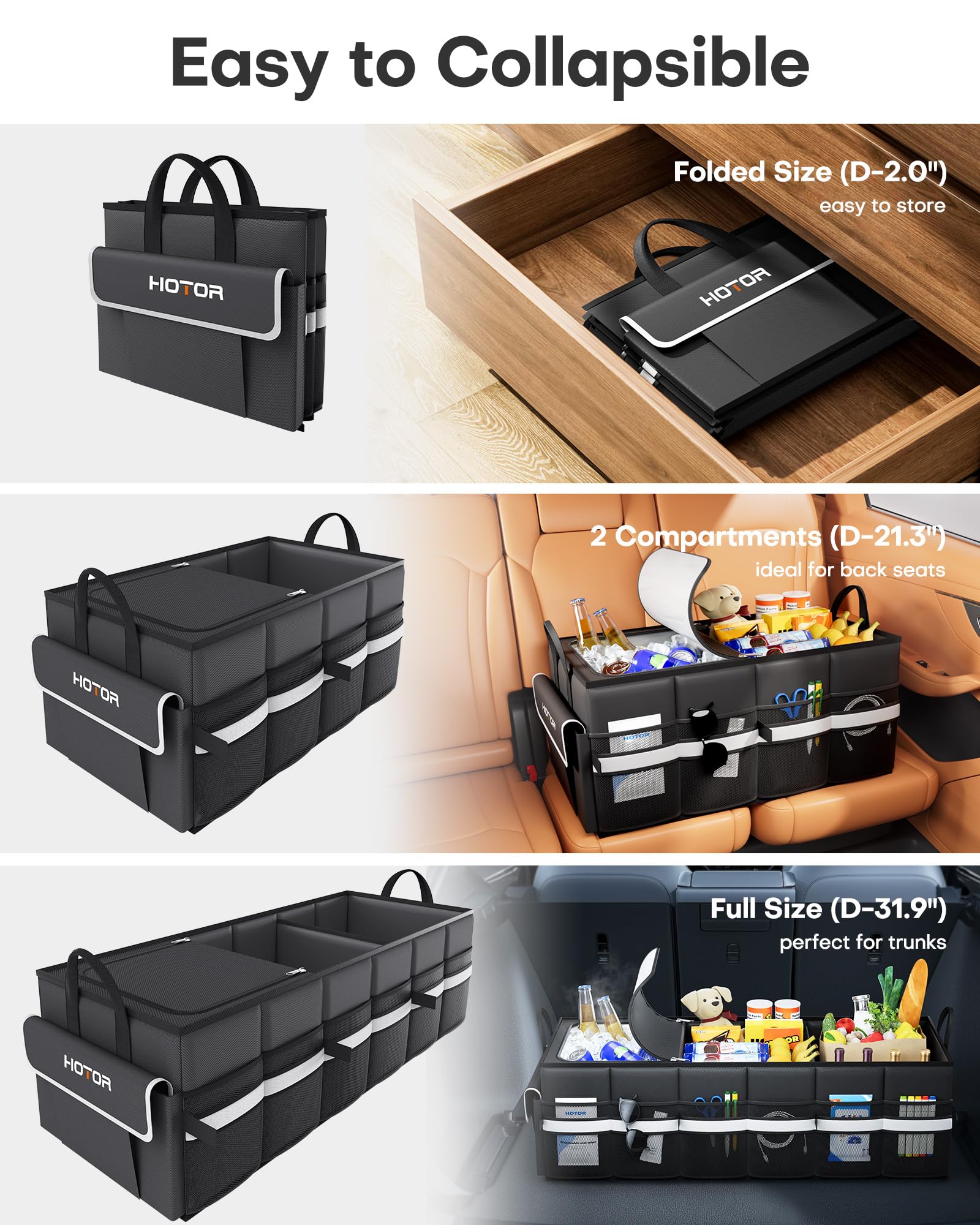 HOTOR trunk organizer base panel provides stable support during drives