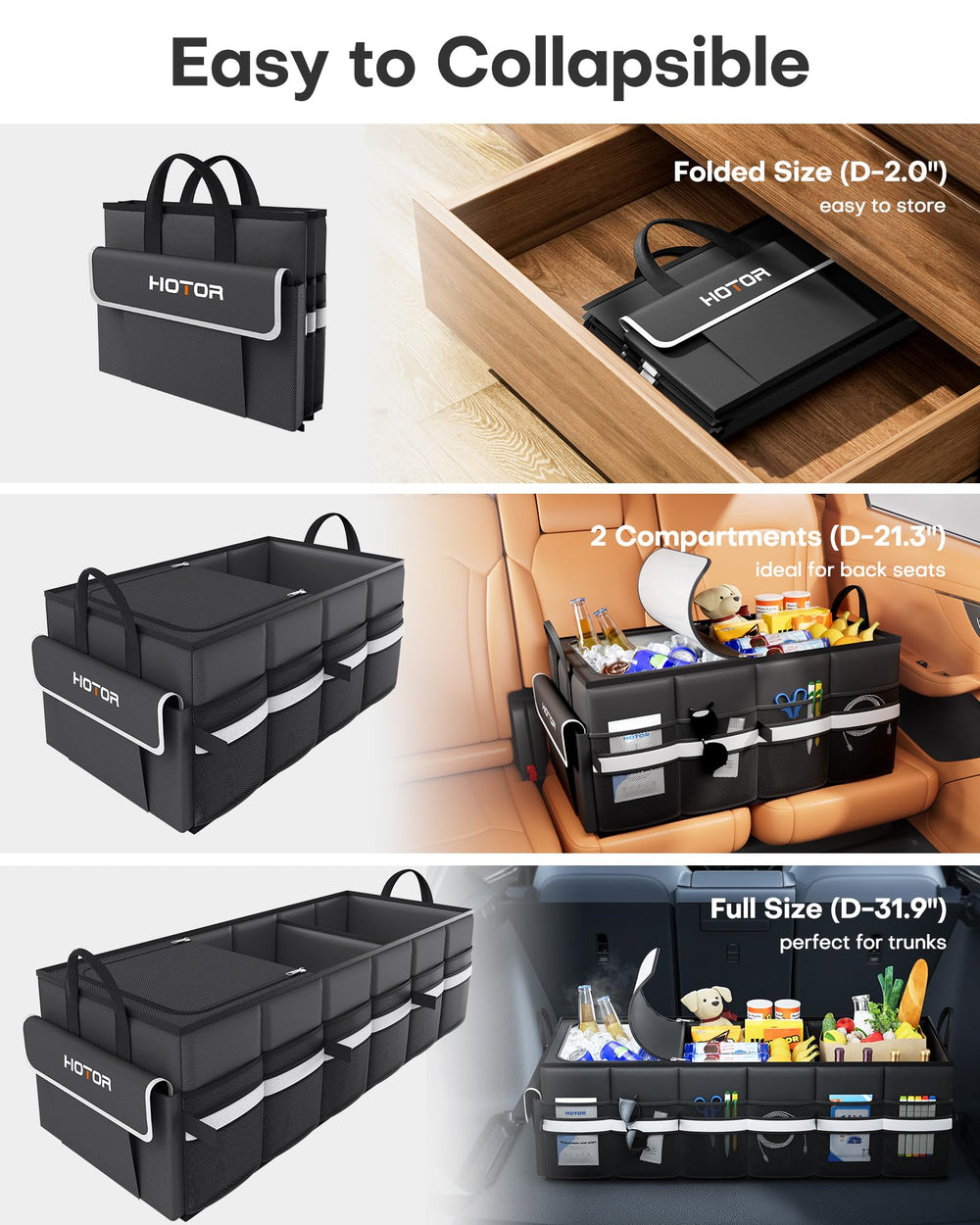 HOTOR trunk organizer base panel provides stable support during drives