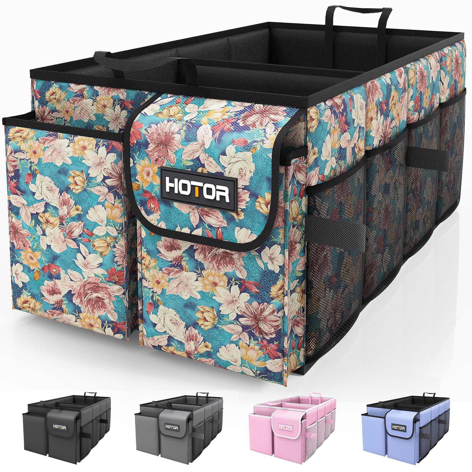 HOTOR Trunk Organizer blue flower pattern keeps car clutter under control for family trips and quick access.