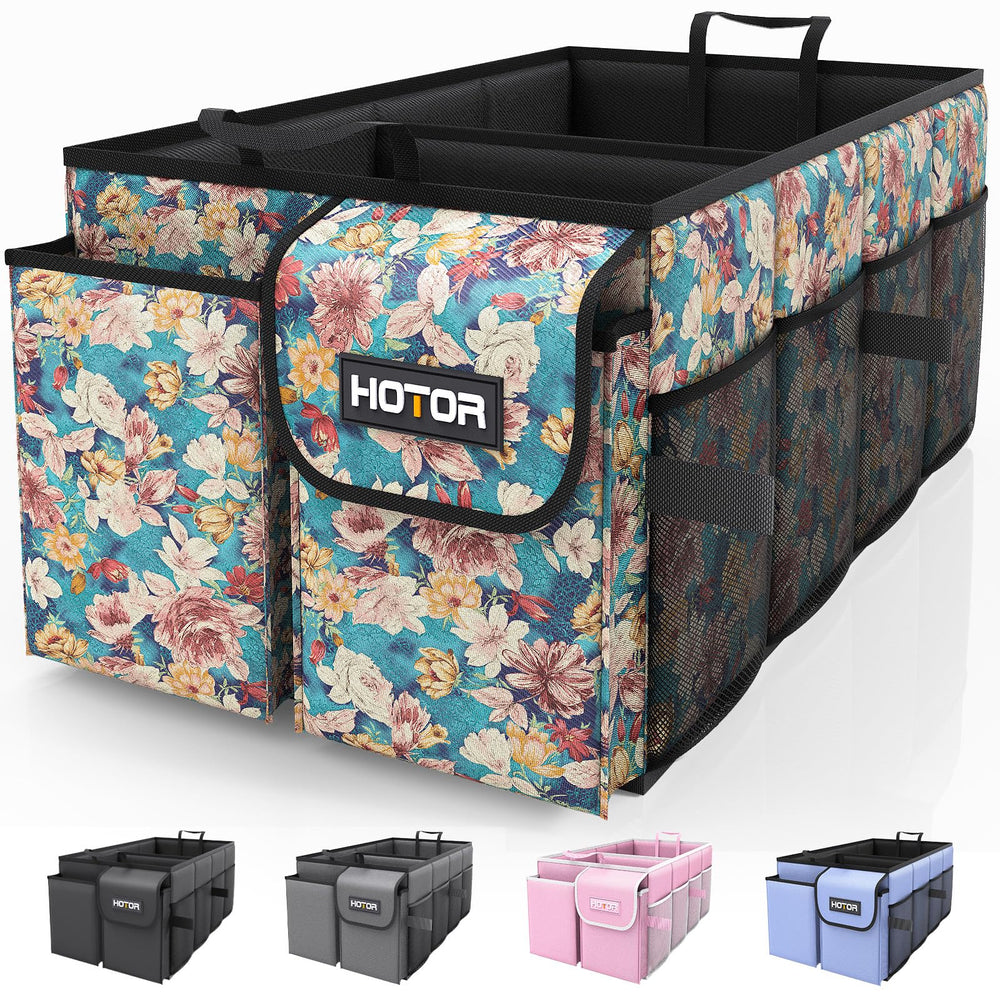 HOTOR Trunk Organizer blue flower pattern keeps car clutter under control for family trips and quick access.