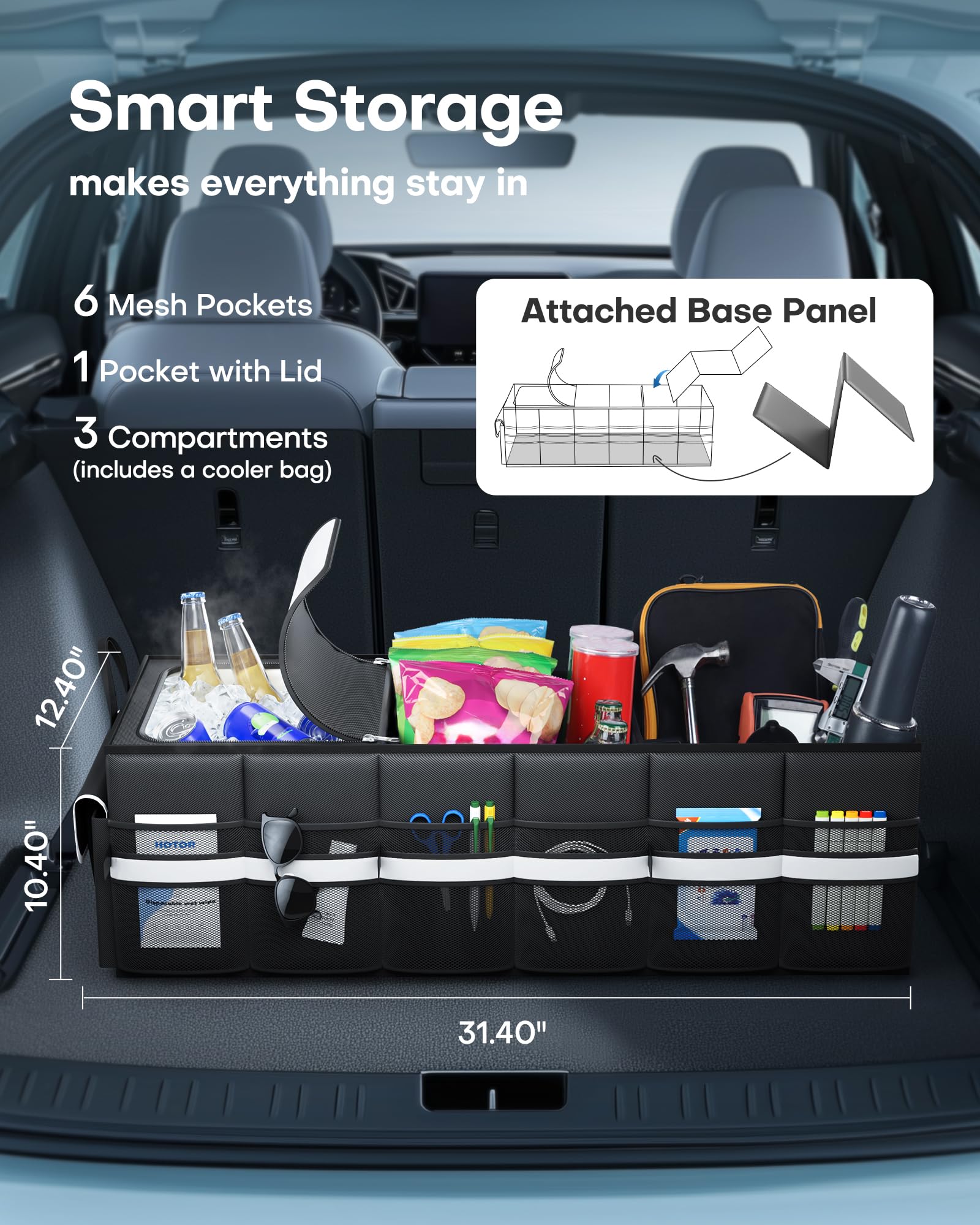 HOTOR trunk organizer built-in cooler keeps drinks warm or cool