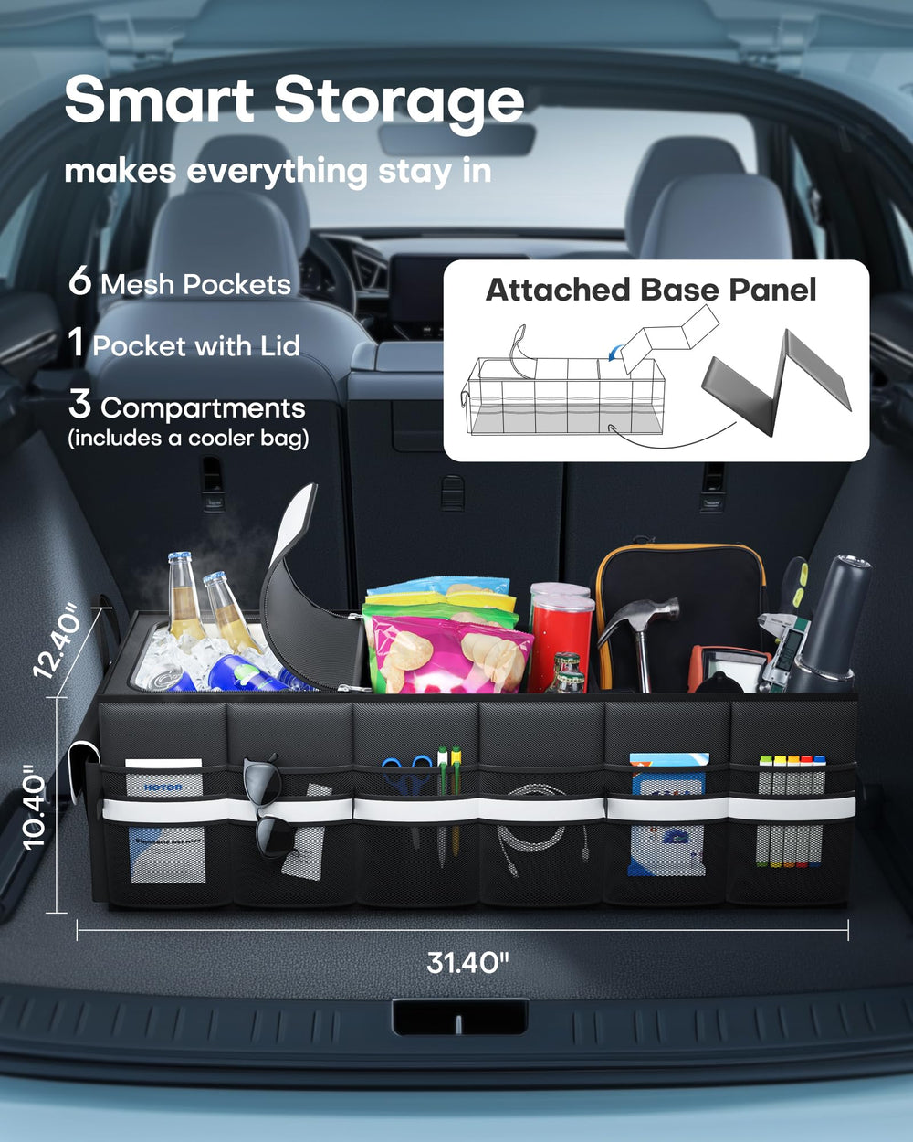 HOTOR trunk organizer built-in cooler keeps drinks warm or cool