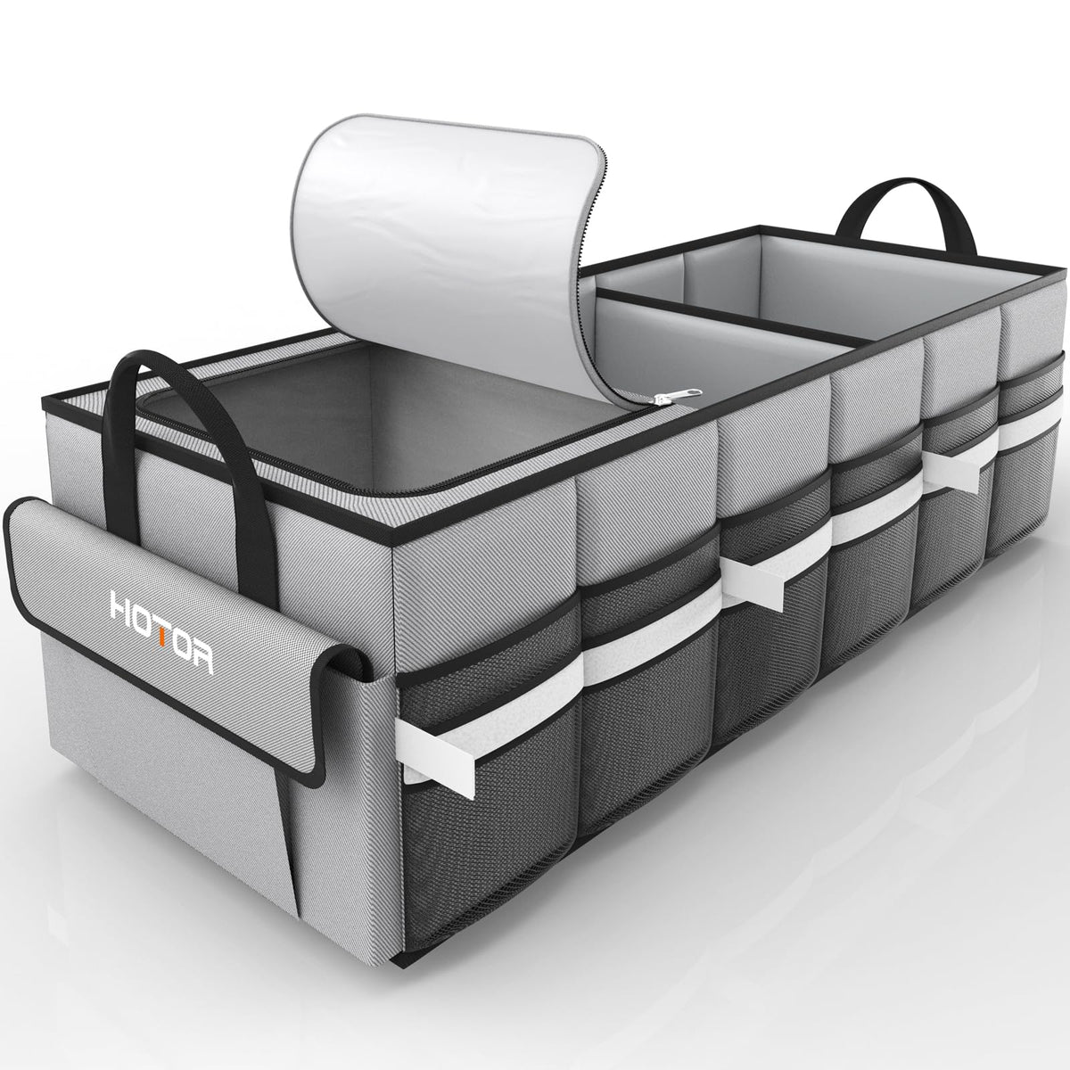 HOTOR trunk organizer with built-in leakproof cooler for organized groceries on the go.